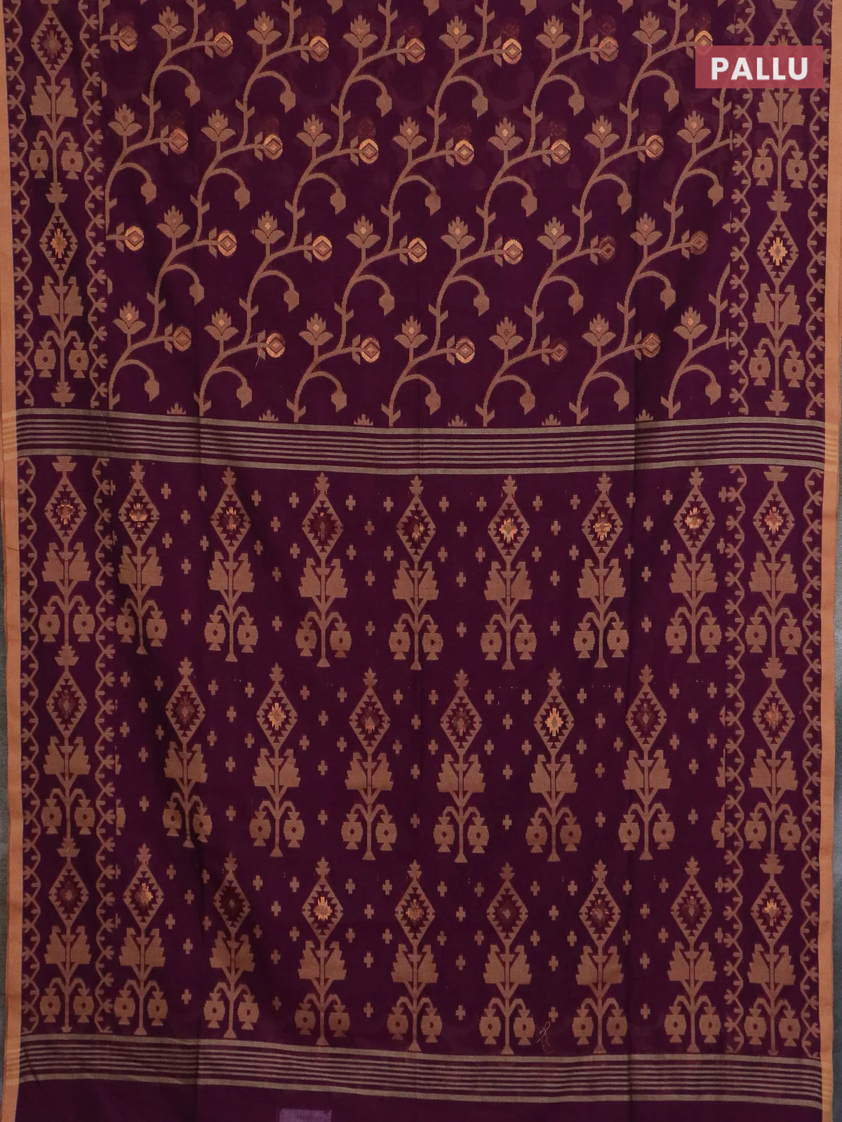 Bengal soft cotton saree dark magenta and sandal with allover thread & zari weaves and thread woven border - Image 3