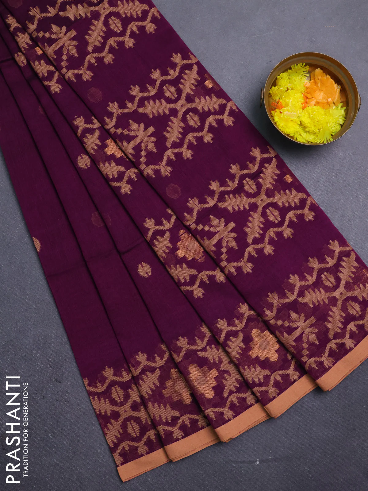 Bengal soft cotton saree dark magenta and sandal with thread woven buttas and thread woven border