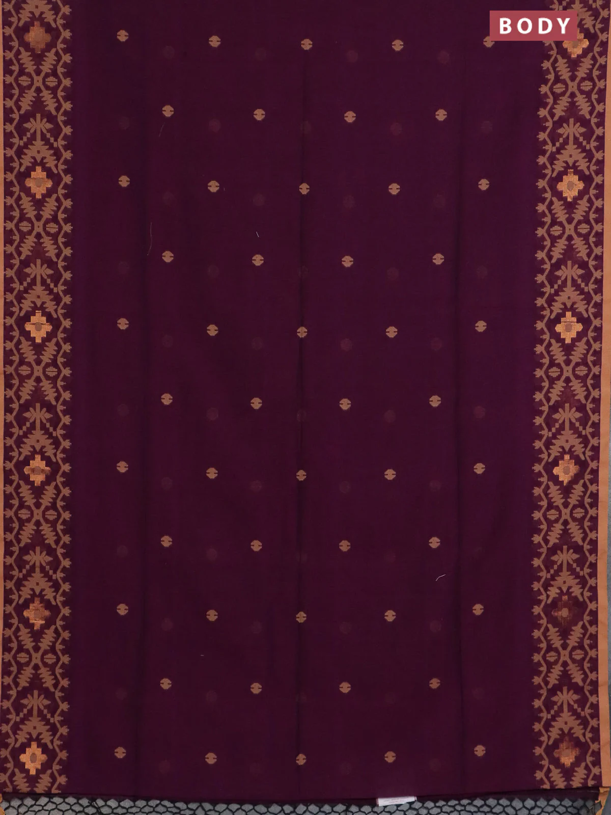 Bengal soft cotton saree dark magenta and sandal with thread woven buttas and thread woven border - Image 2