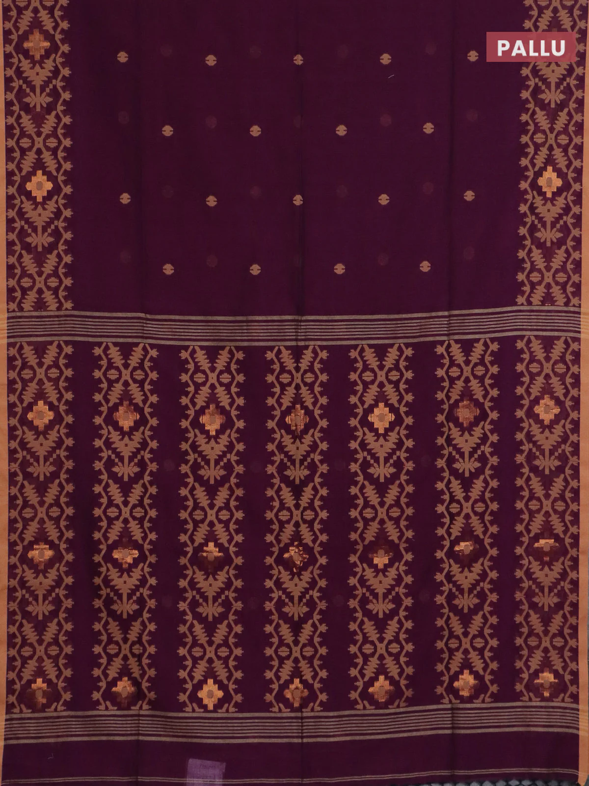 Bengal soft cotton saree dark magenta and sandal with thread woven buttas and thread woven border - Image 3