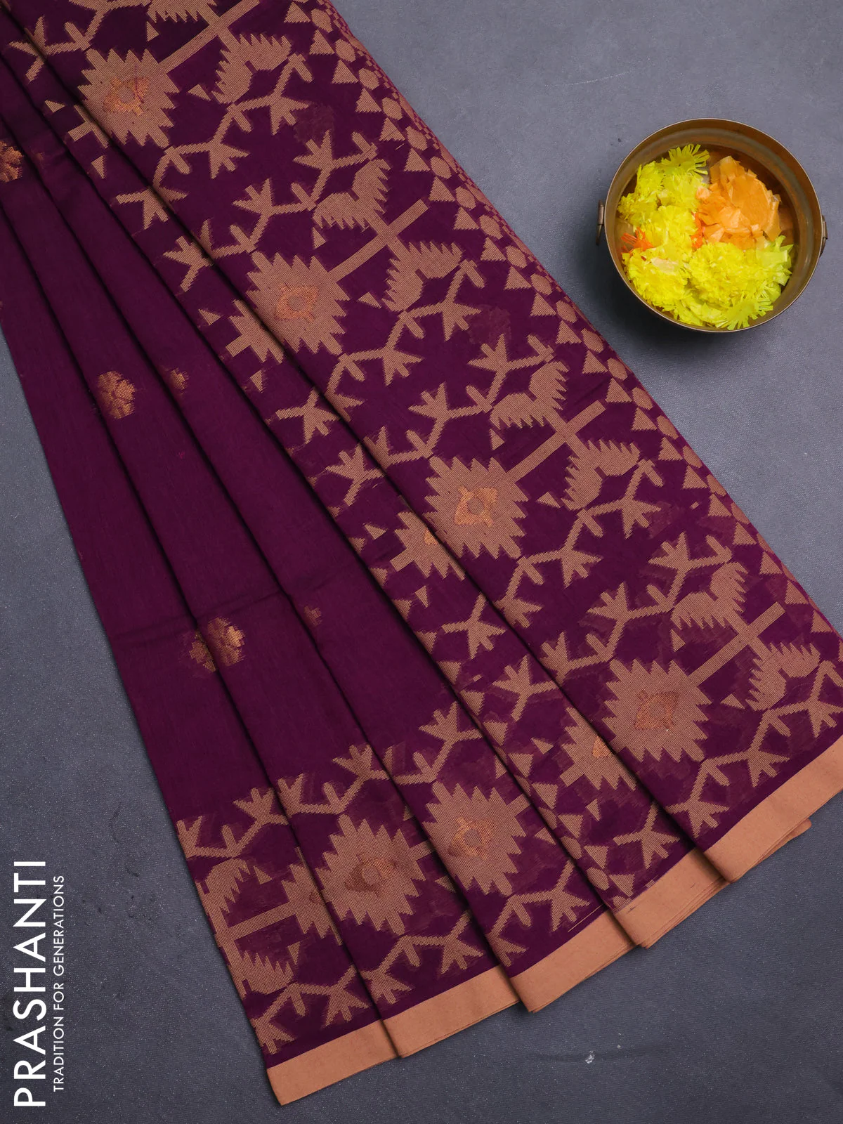 Bengal soft cotton saree dark magenta and sandal with thread & zari woven buttas and thread woven border