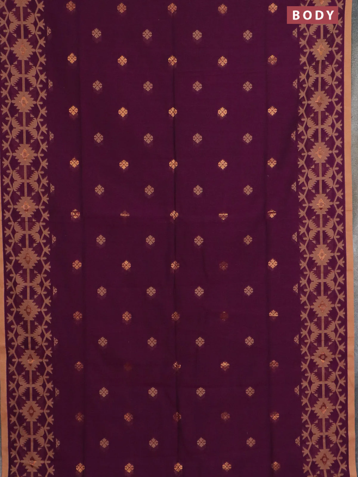 Bengal soft cotton saree dark magenta and sandal with thread & zari woven buttas and thread woven border - Image 2
