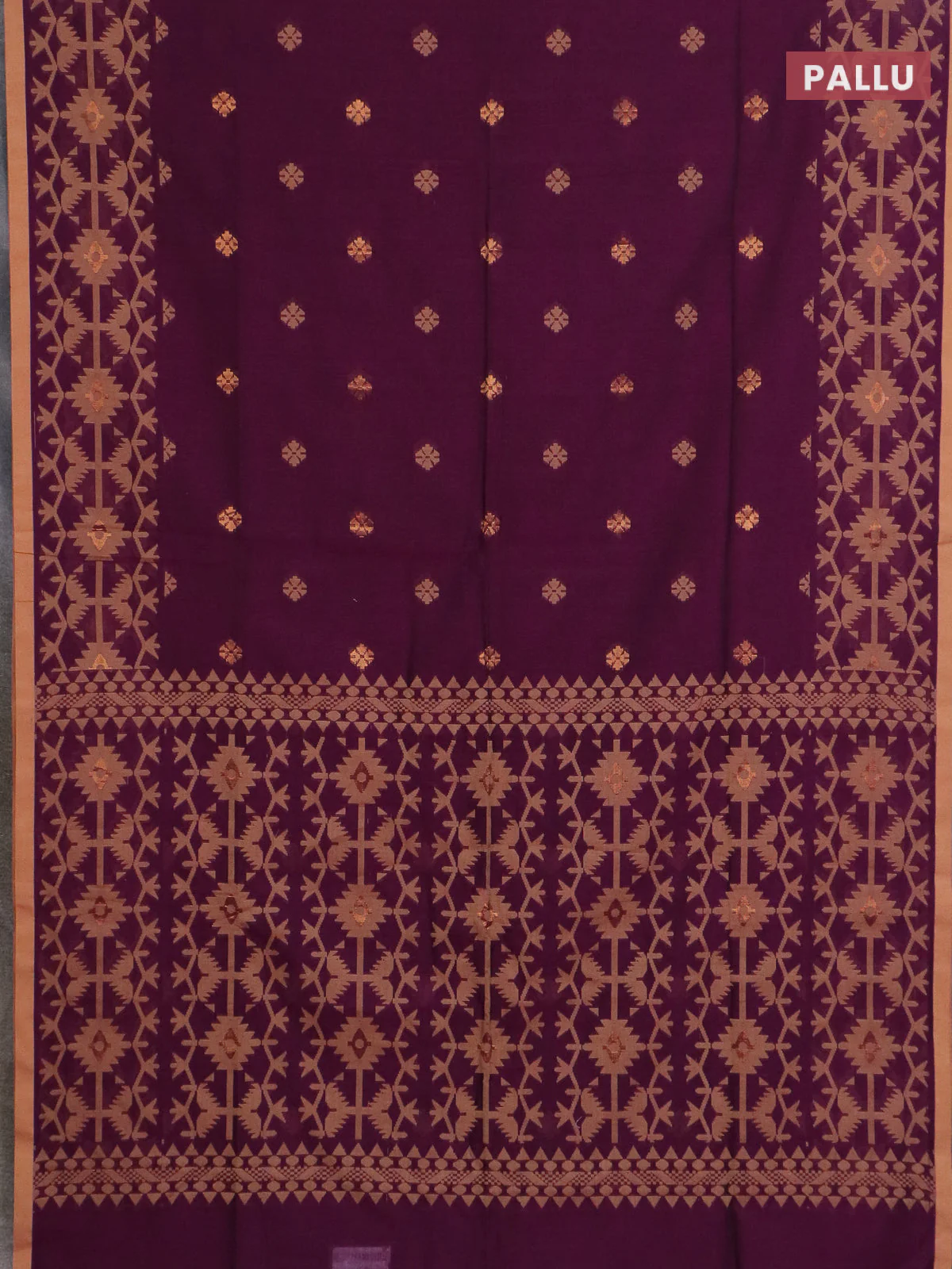 Bengal soft cotton saree dark magenta and sandal with thread & zari woven buttas and thread woven border - Image 3