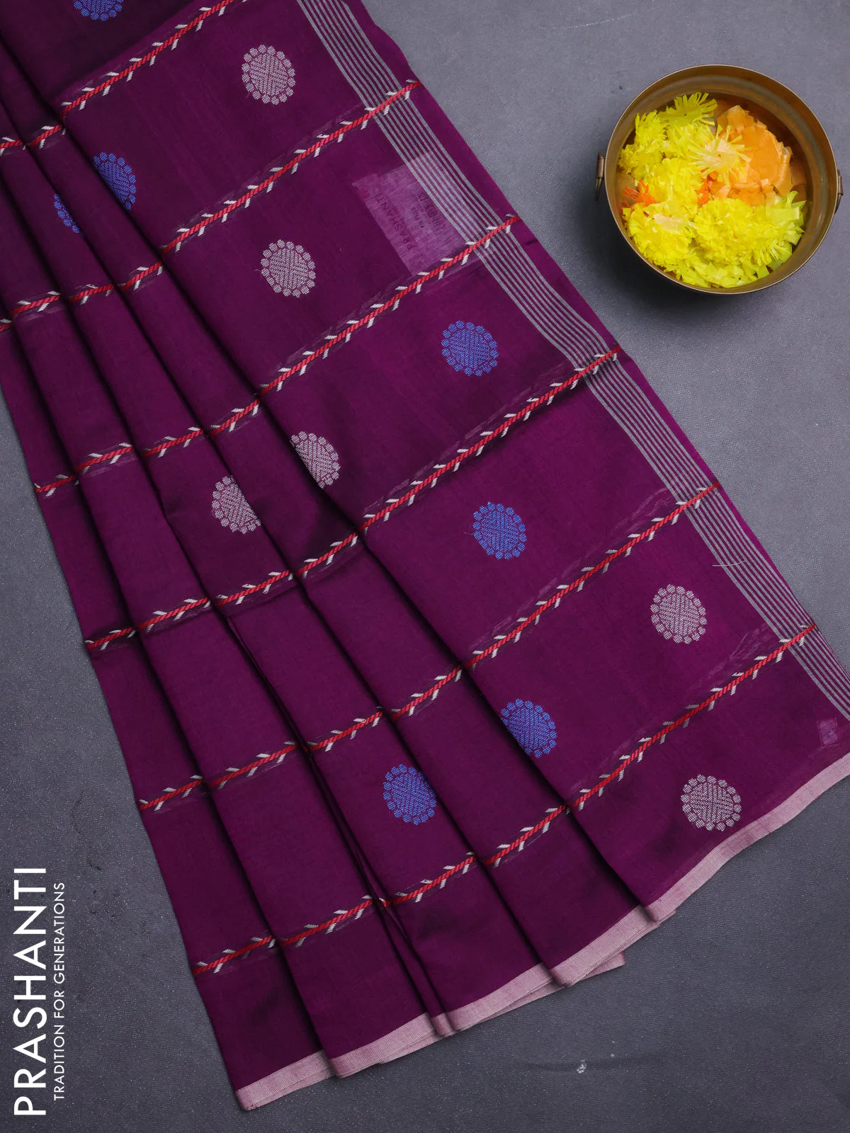 Bengal soft cotton saree dark magenta with allover thread weaves & buttas and piping border