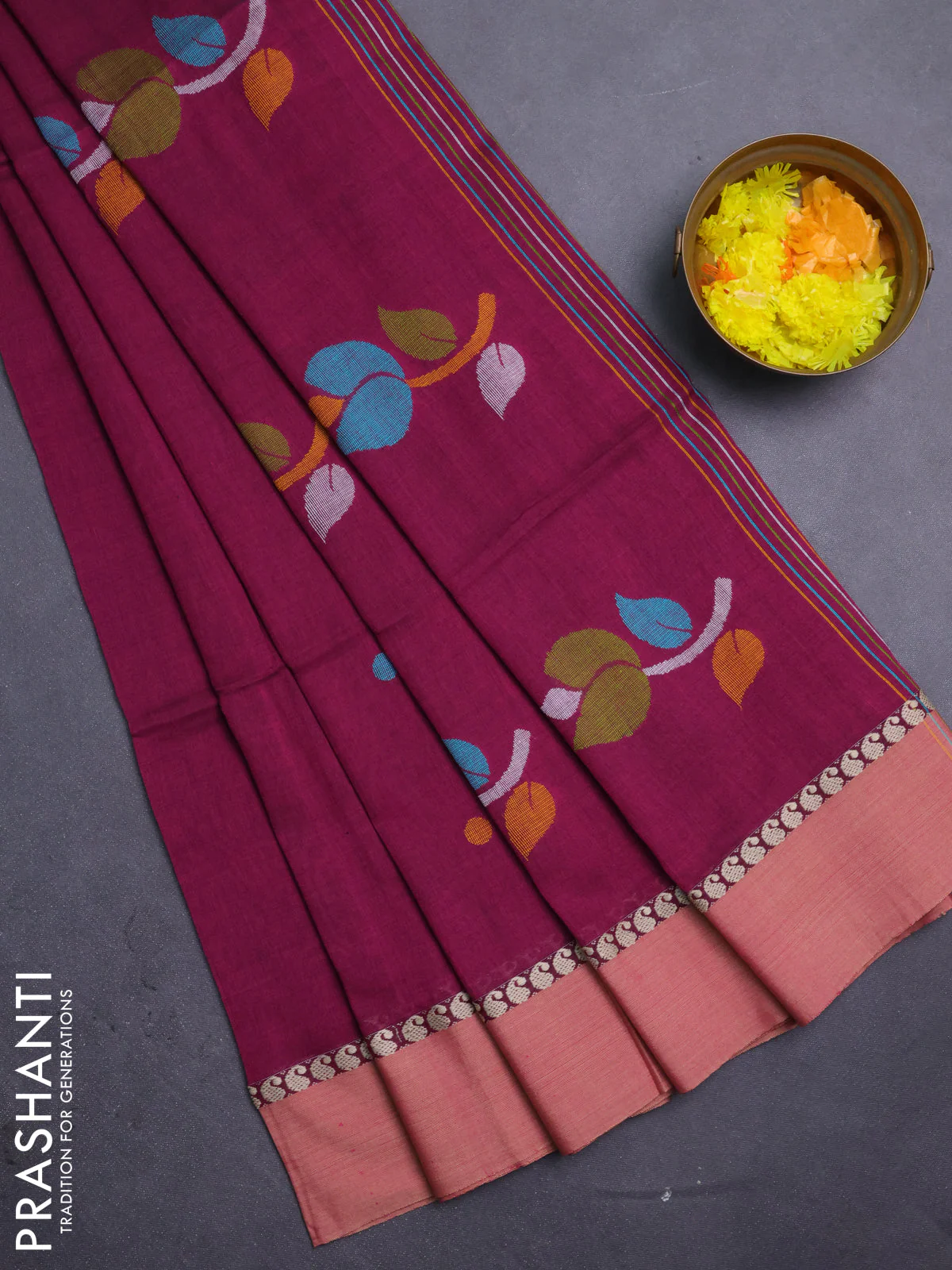 Bengal soft cotton saree dark magenta with thread woven buttas and paisley thread woven simple border