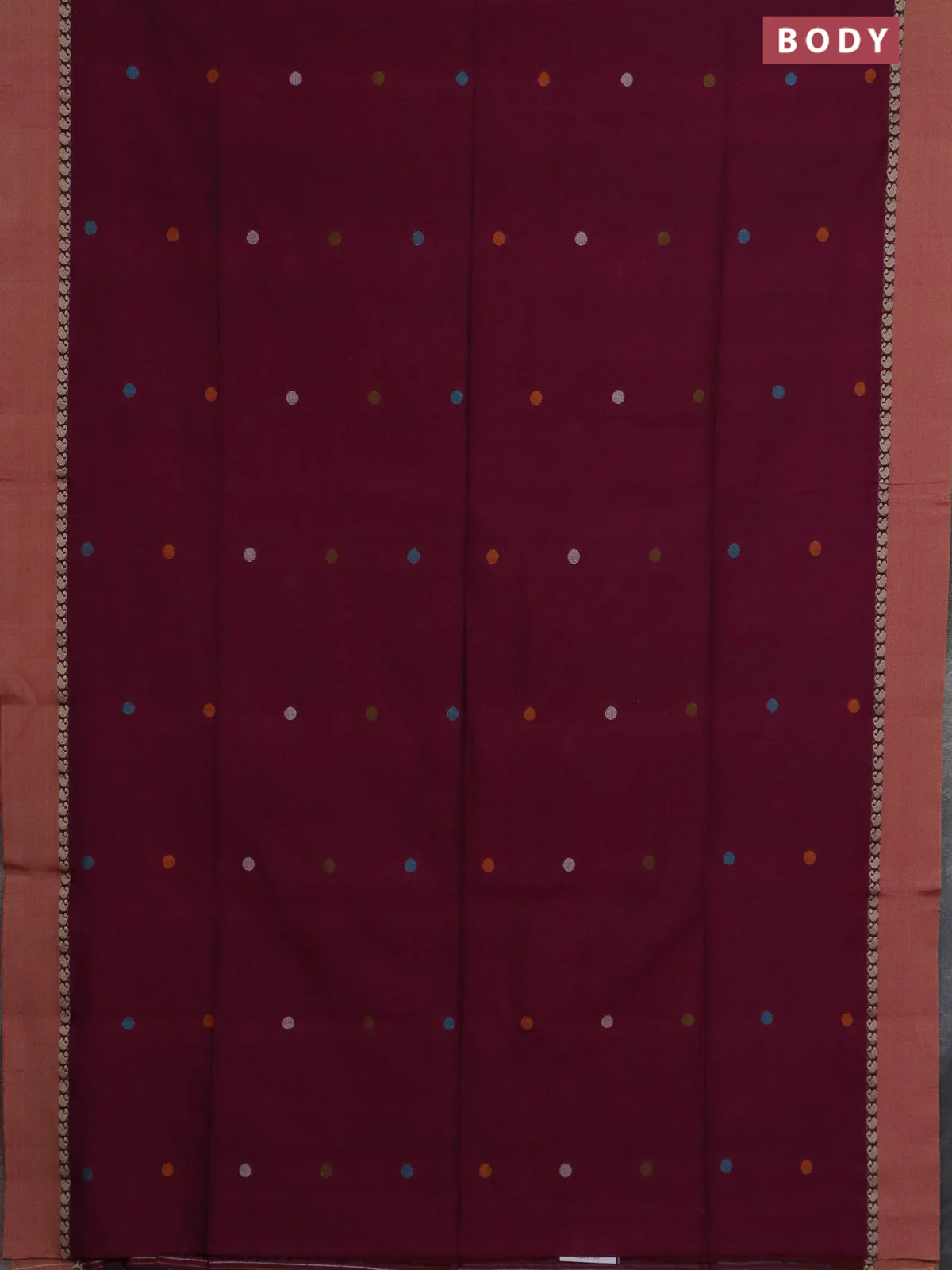 Bengal soft cotton saree dark magenta with thread woven buttas and paisley thread woven simple border - Image 2