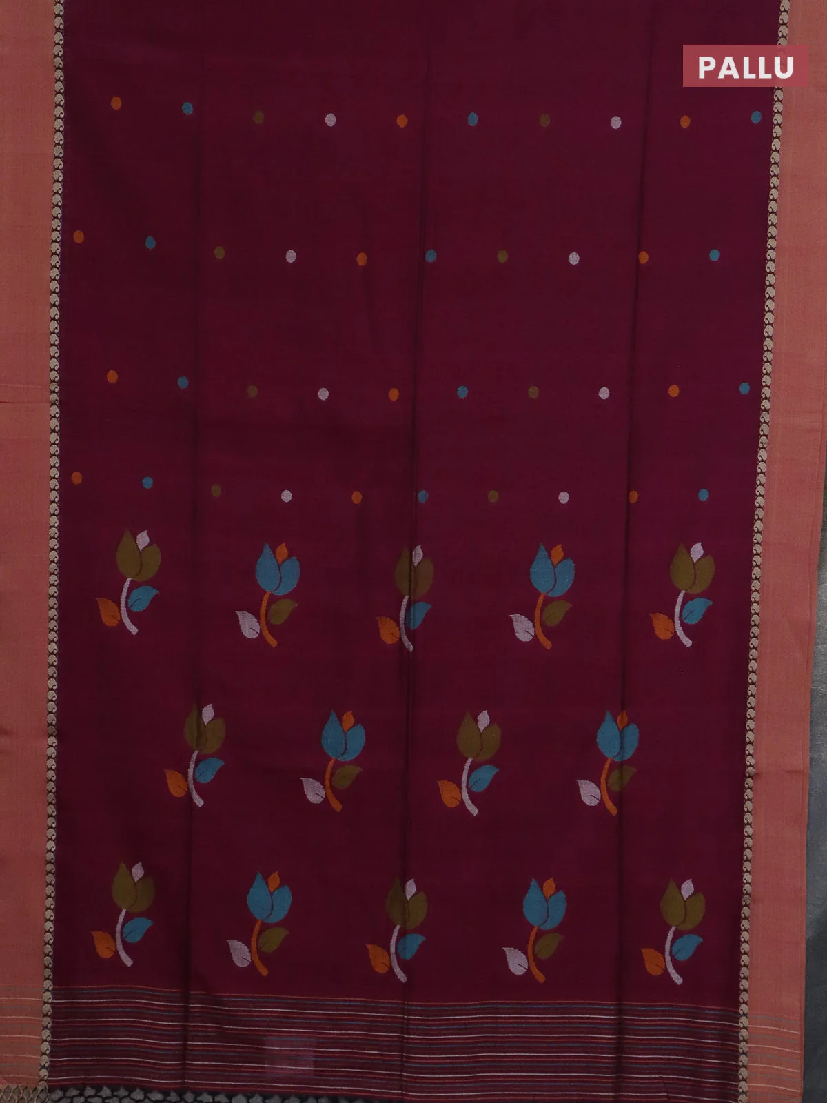 Bengal soft cotton saree dark magenta with thread woven buttas and paisley thread woven simple border - Image 3