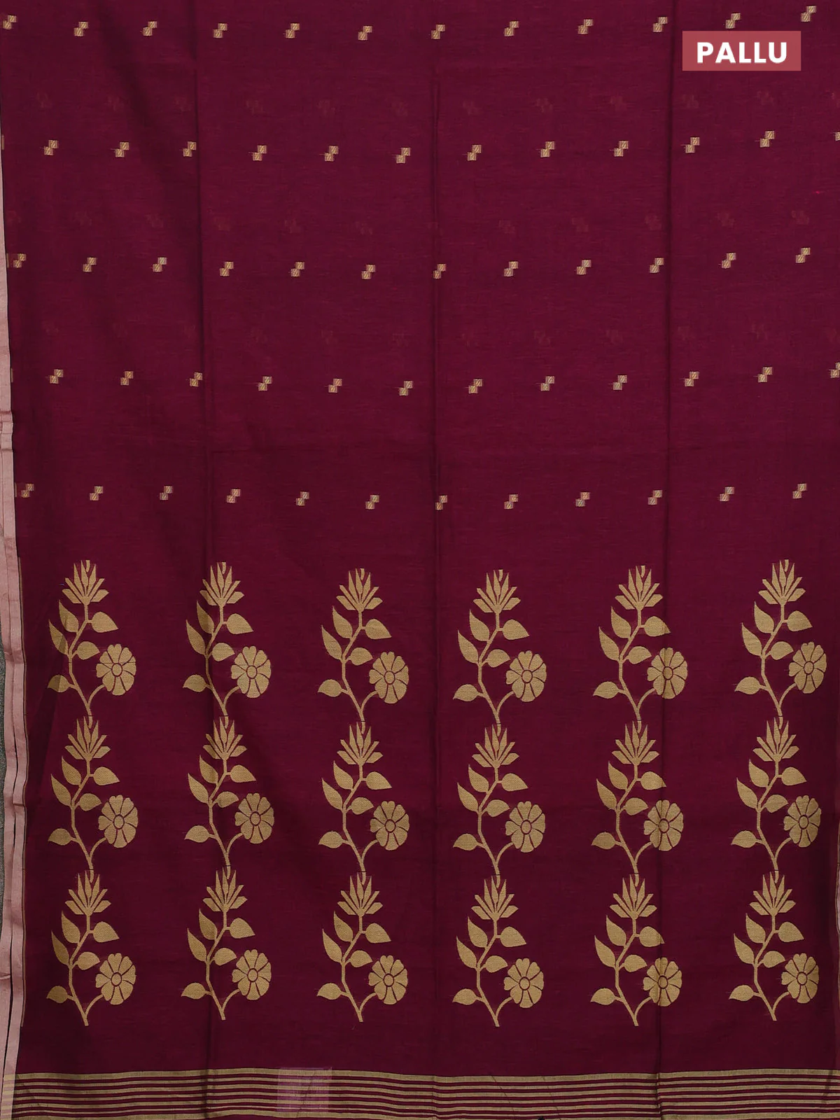 Bengal soft cotton saree dark magenta with thread woven buttas and piping border - Image 3