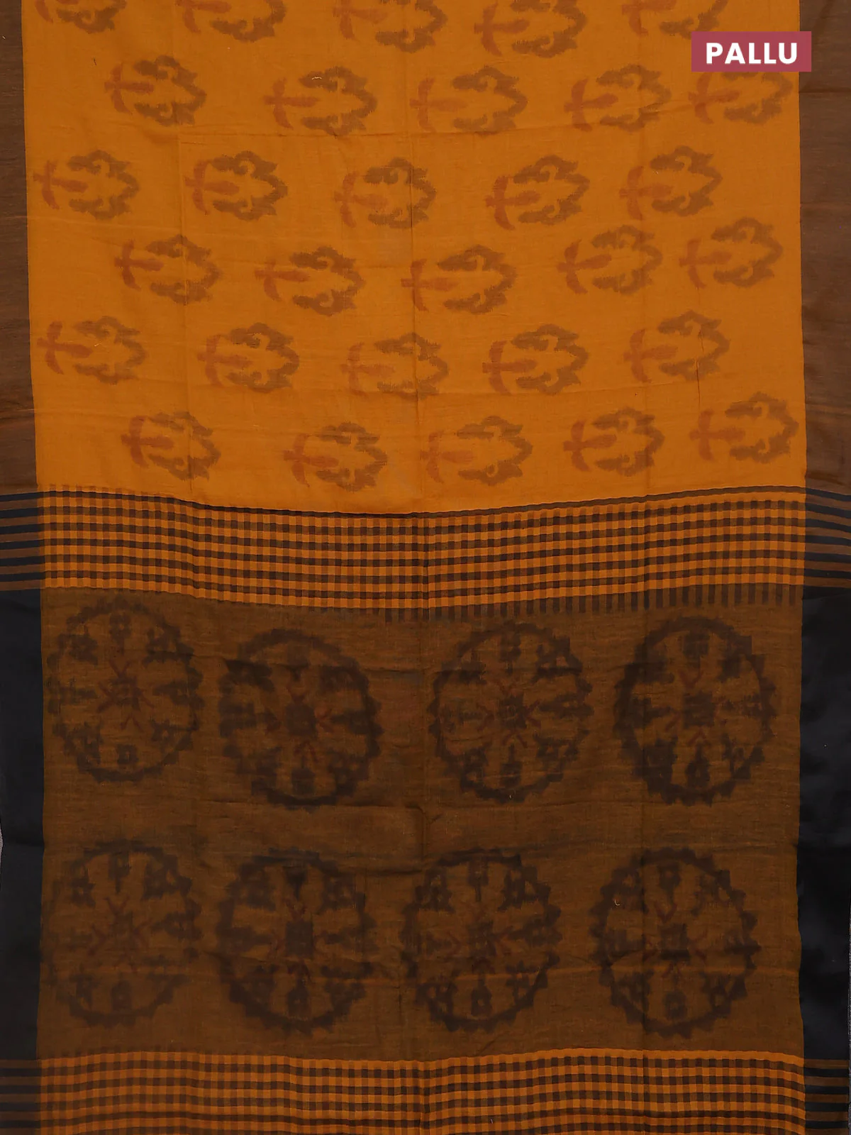 Bengal soft cotton saree dark mustard and black with allover butta weaves and simple border - Image 3