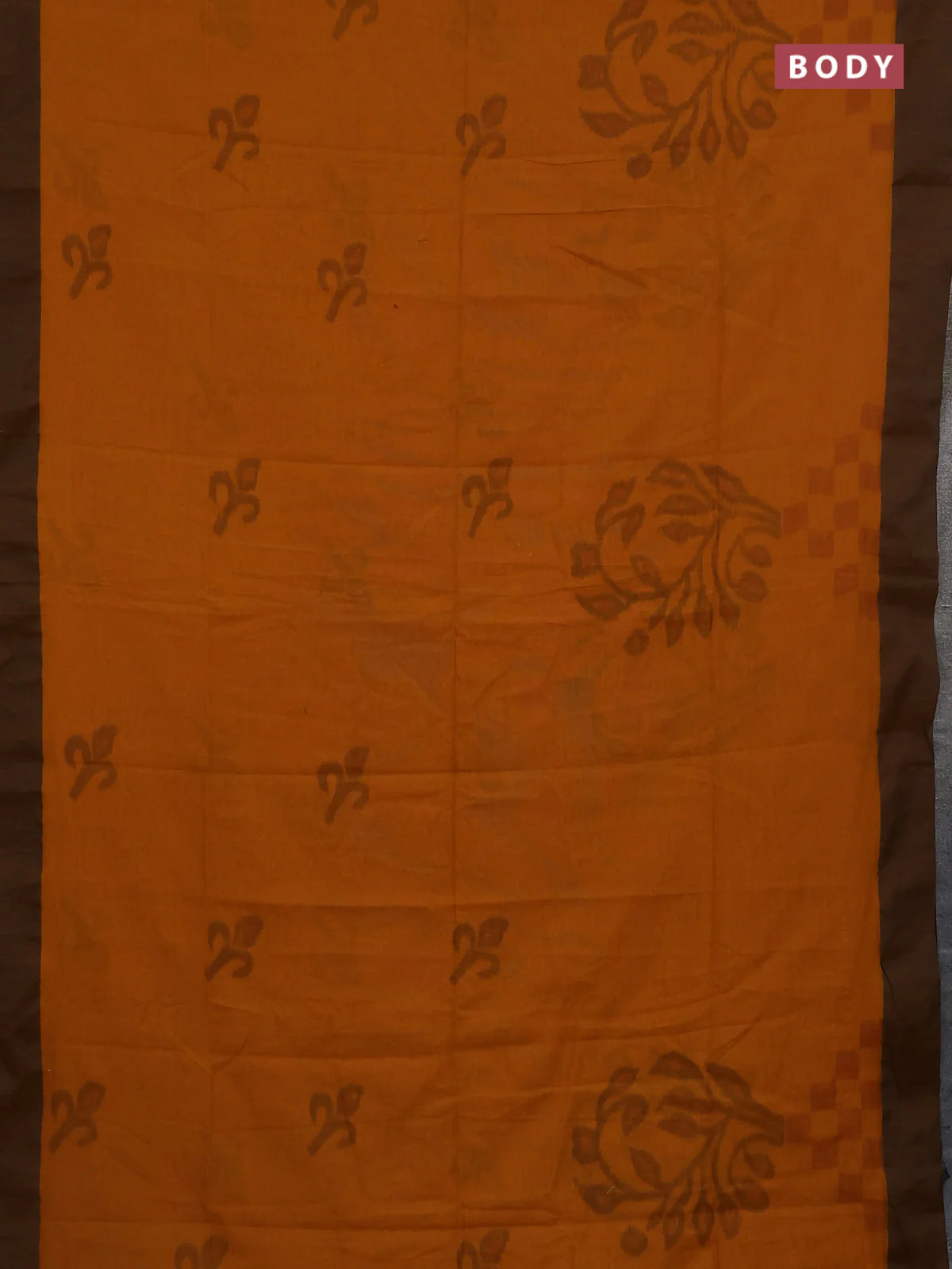 Bengal soft cotton saree dark mustard and brown shade with allover butta weaves and simple border - Image 2