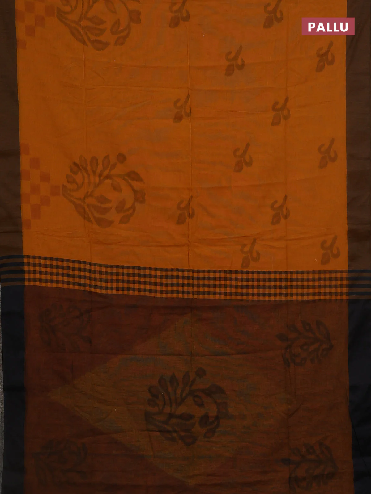Bengal soft cotton saree dark mustard and brown shade with allover butta weaves and simple border - Image 3