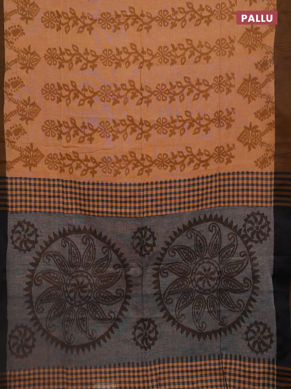 Bengal soft cotton saree dark mustard and grey with allover weaves and simple border - Image 3
