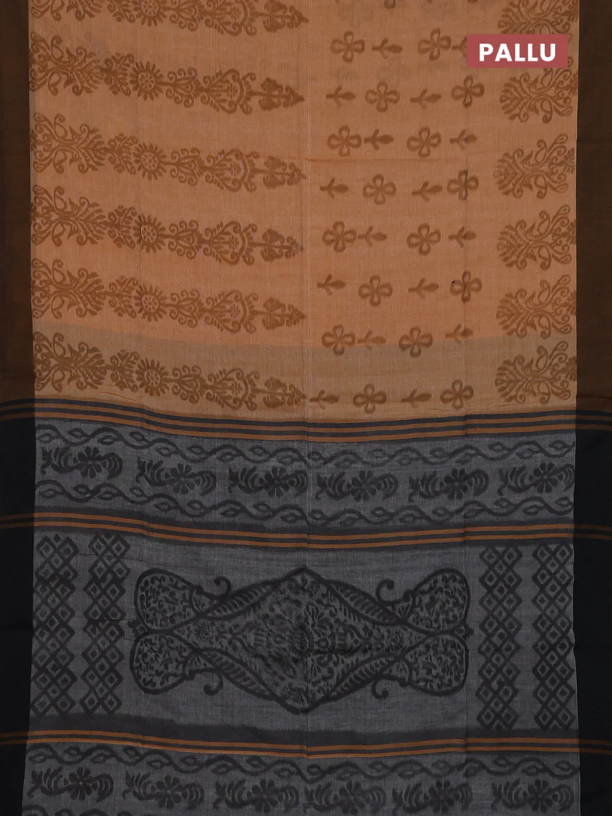 Bengal soft cotton saree dark mustard and grey with allover weaves and simple border - Image 3