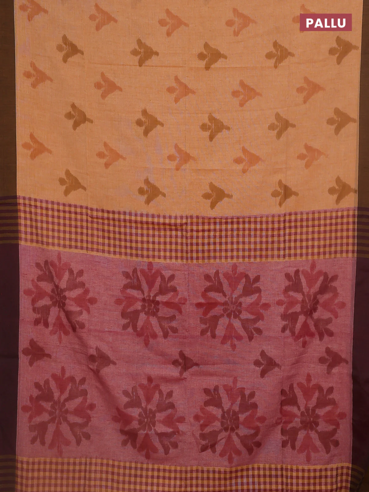 Bengal soft cotton saree dark mustard and maroon with allover butta weaves and simple border - Image 3