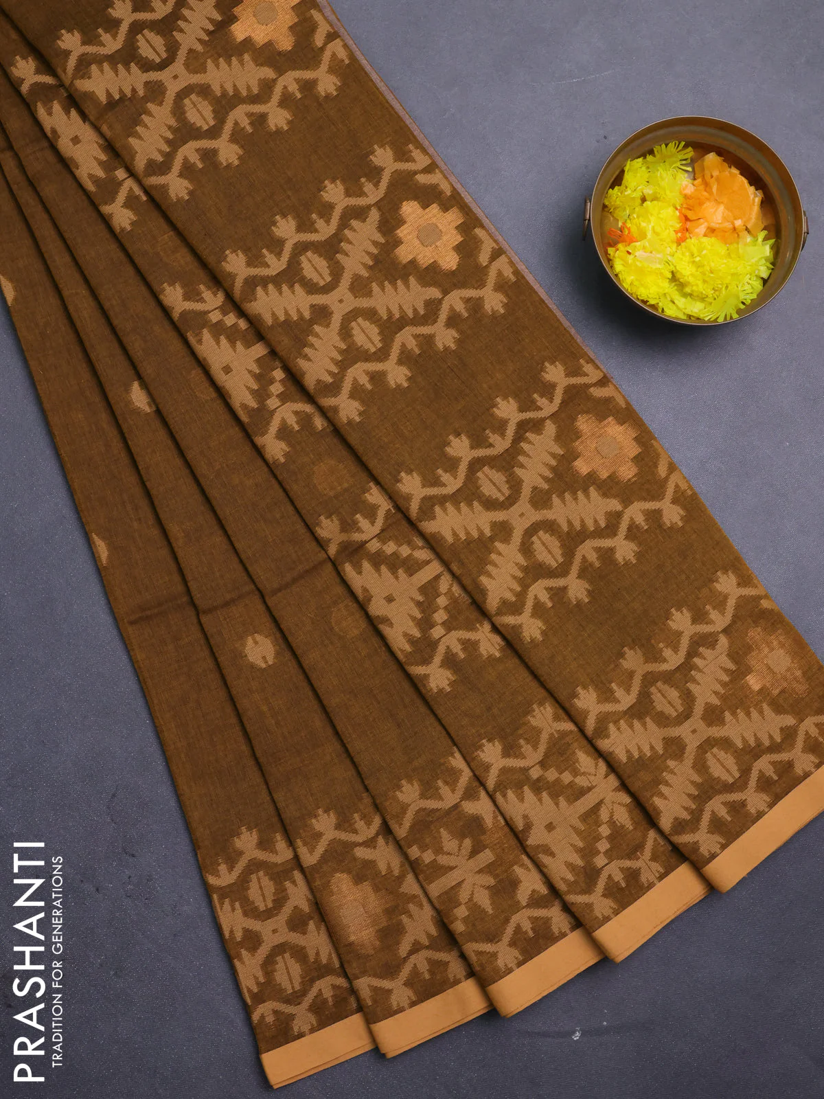 Bengal soft cotton saree dark mustard and sandal with thread woven buttas and thread woven border