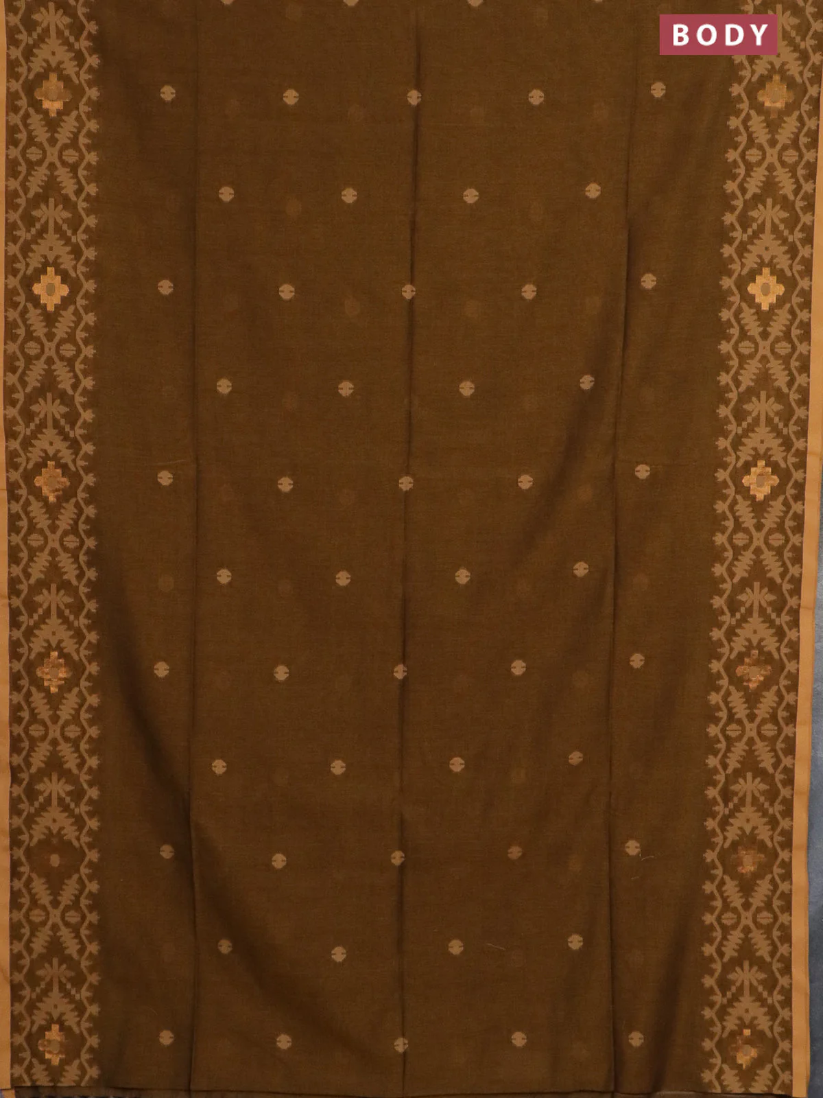 Bengal soft cotton saree dark mustard and sandal with thread woven buttas and thread woven border - Image 2