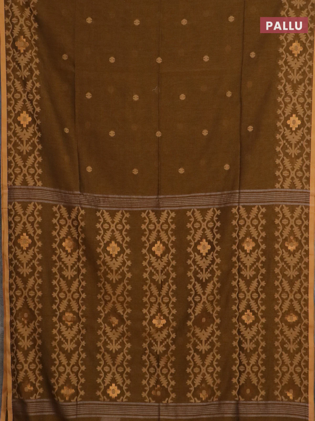 Bengal soft cotton saree dark mustard and sandal with thread woven buttas and thread woven border - Image 3