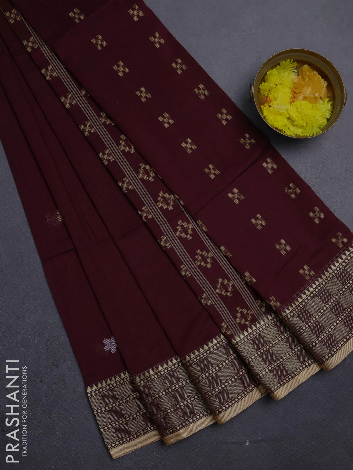 Bengal soft cotton saree deep jamun and sandal with thread woven buttas and temple design thread woven border