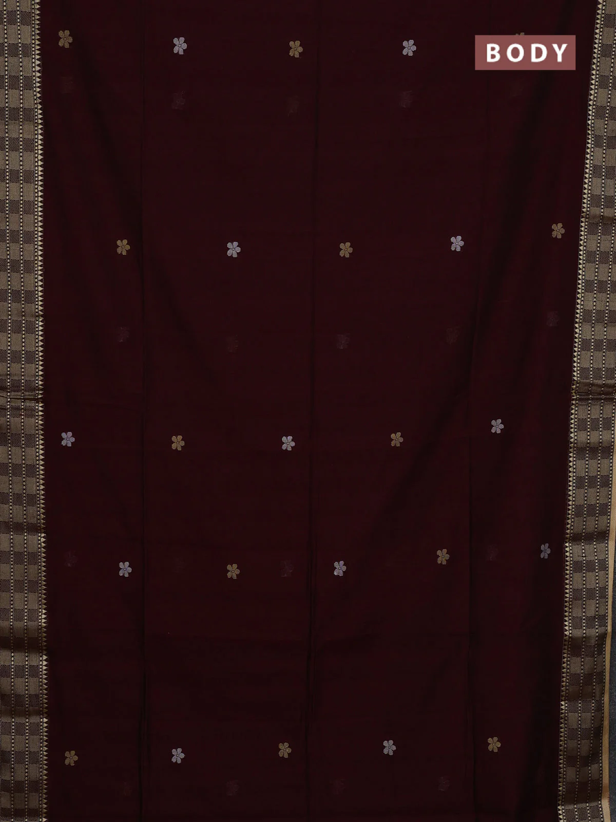 Bengal soft cotton saree deep jamun and sandal with thread woven buttas and temple design thread woven border - Image 2