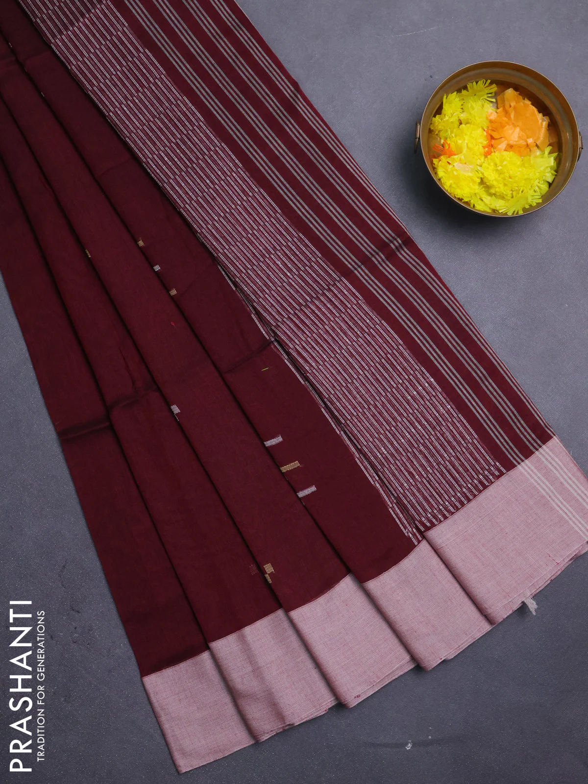 Bengal soft cotton saree deep maroon and beige with thread woven buttas and simple border