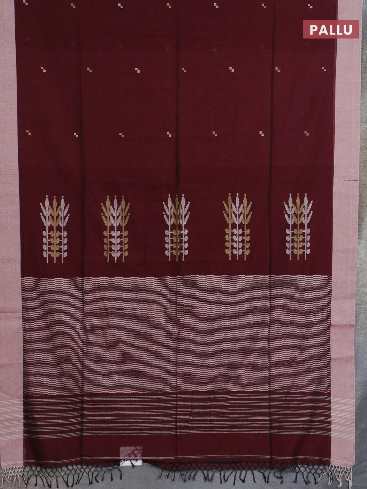 Bengal soft cotton saree deep maroon and beige with thread woven buttas and simple border - Image 3