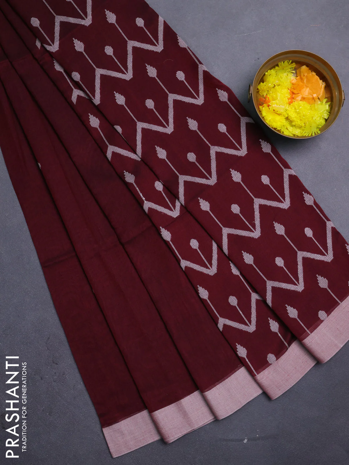 Bengal soft cotton saree deep maroon and beige with thread woven buttas and simple border