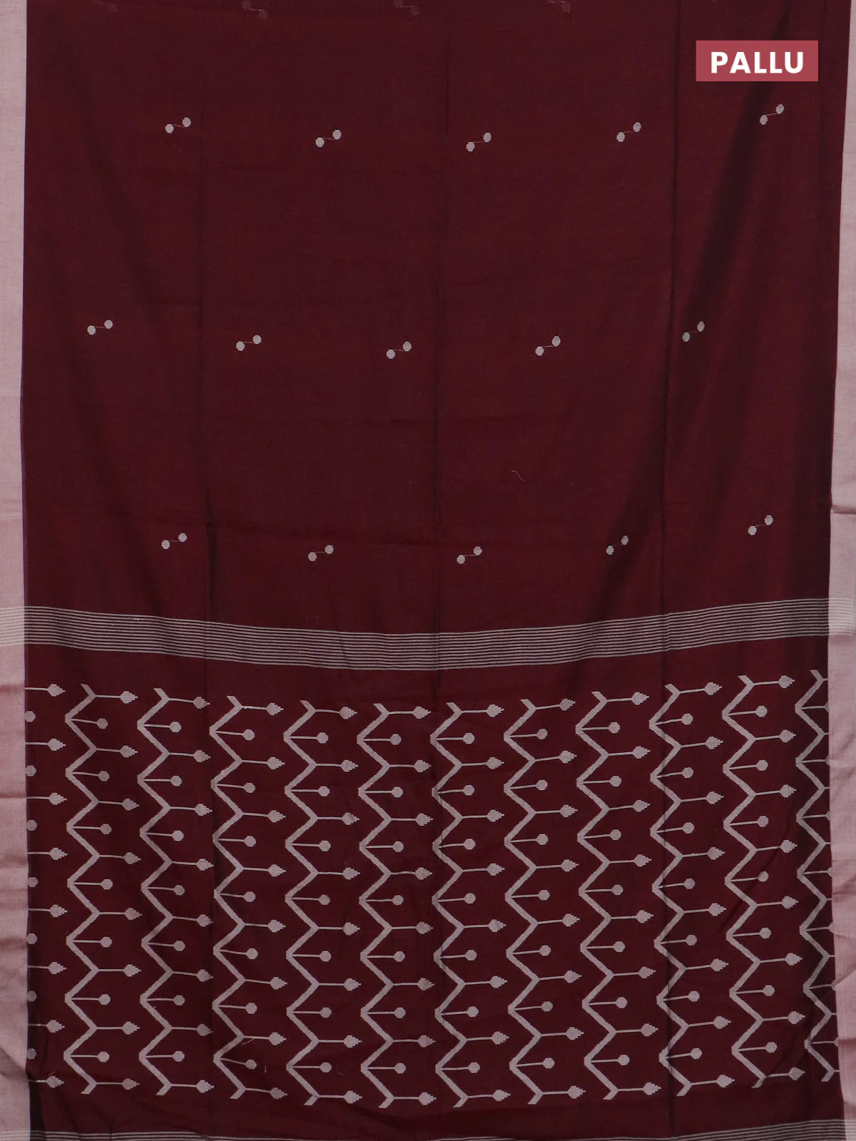 Bengal soft cotton saree deep maroon and beige with thread woven buttas and simple border - Image 3