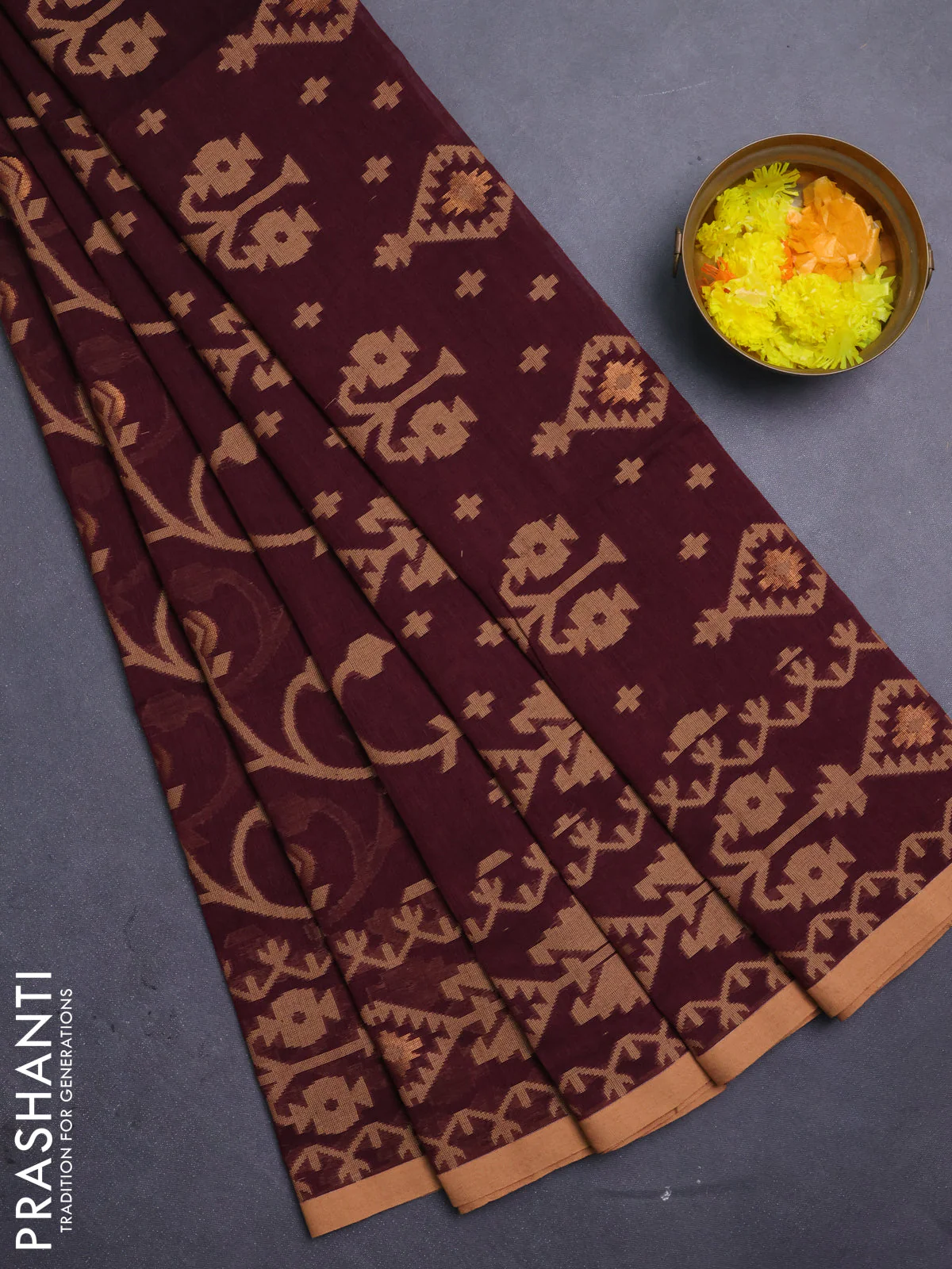 Bengal soft cotton saree deep maroon and sandal with allover thread & zari weaves and thread woven border