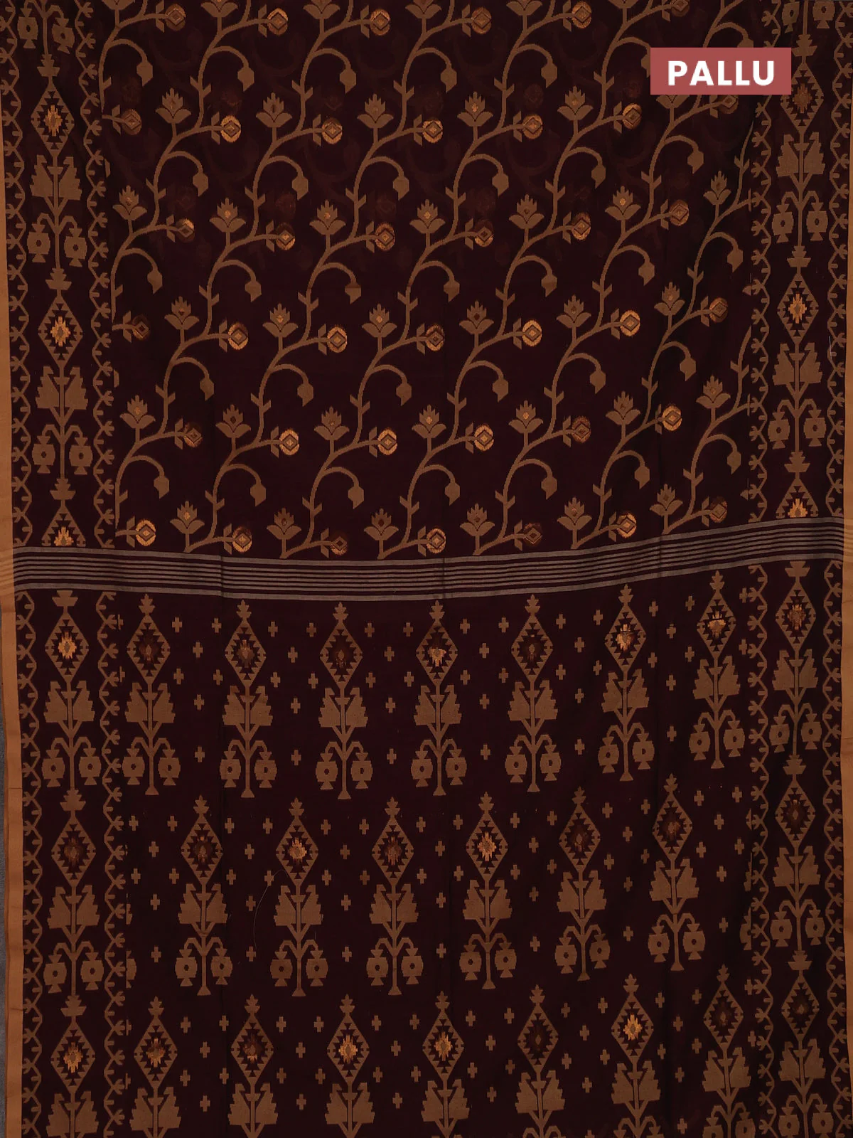 Bengal soft cotton saree deep maroon and sandal with allover thread & zari weaves and thread woven border - Image 3