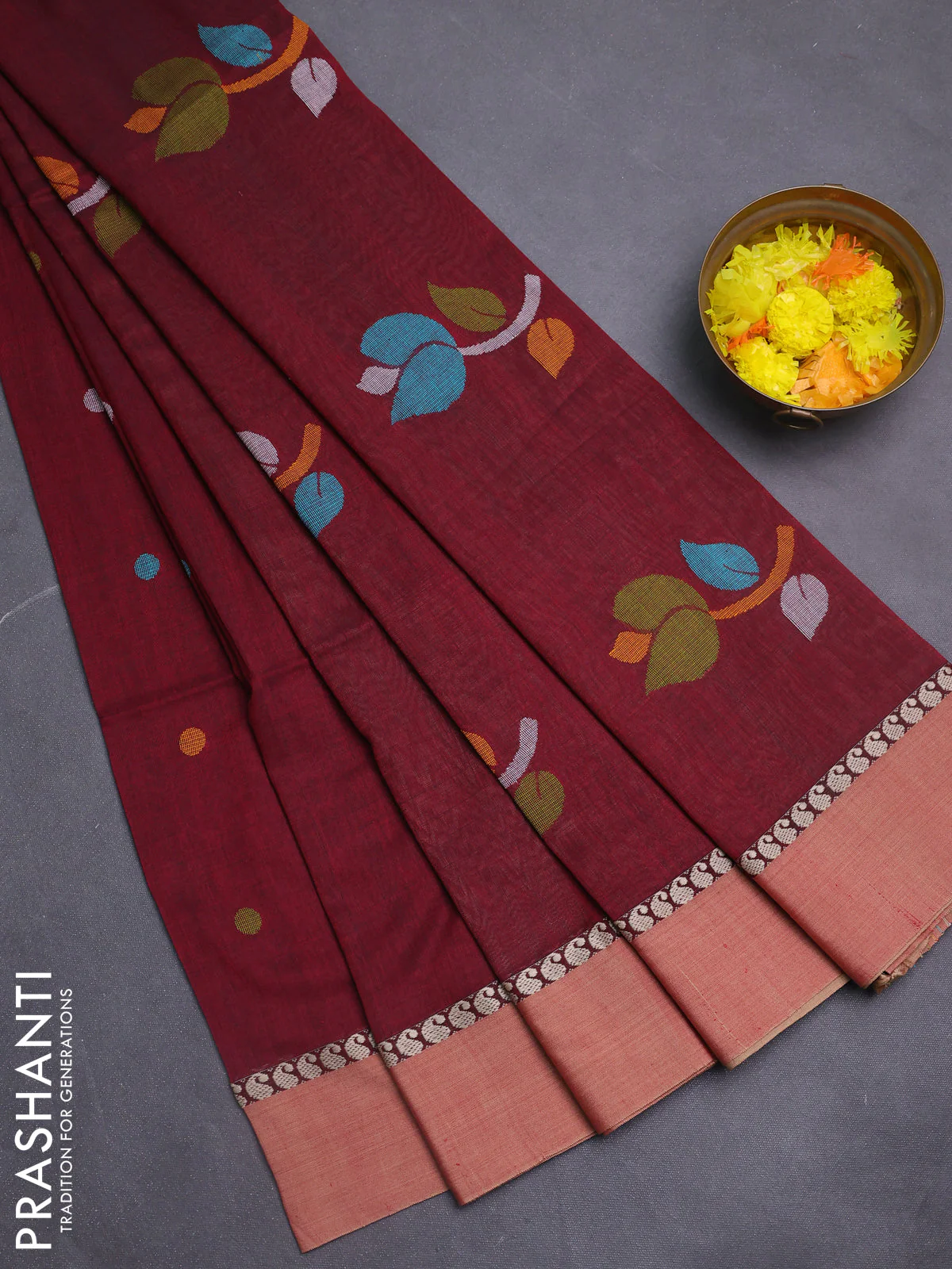 Bengal soft cotton saree deep maroon and sandal with thread woven buttas and paisley thread woven simple border