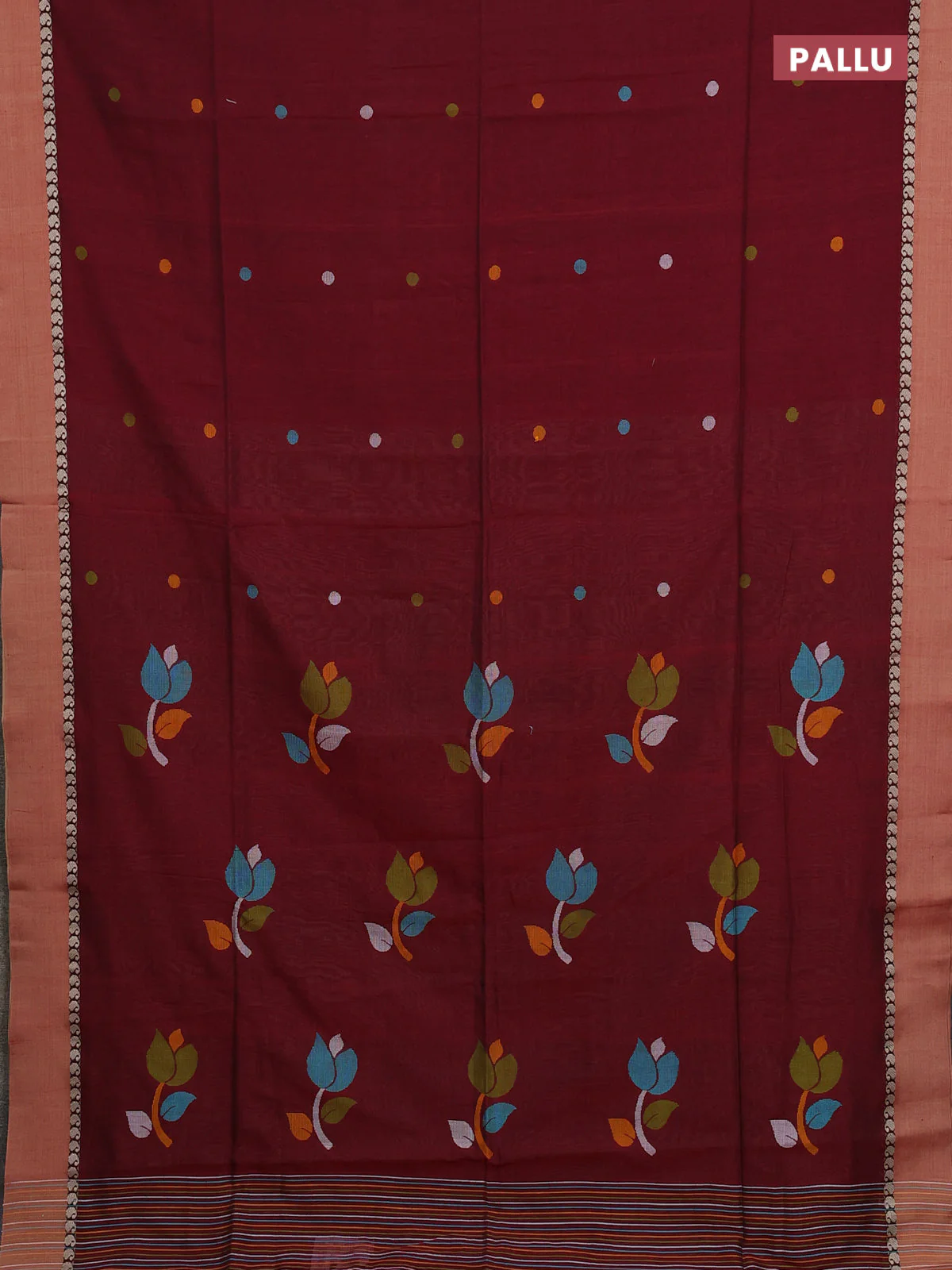Bengal soft cotton saree deep maroon and sandal with thread woven buttas and paisley thread woven simple border - Image 3
