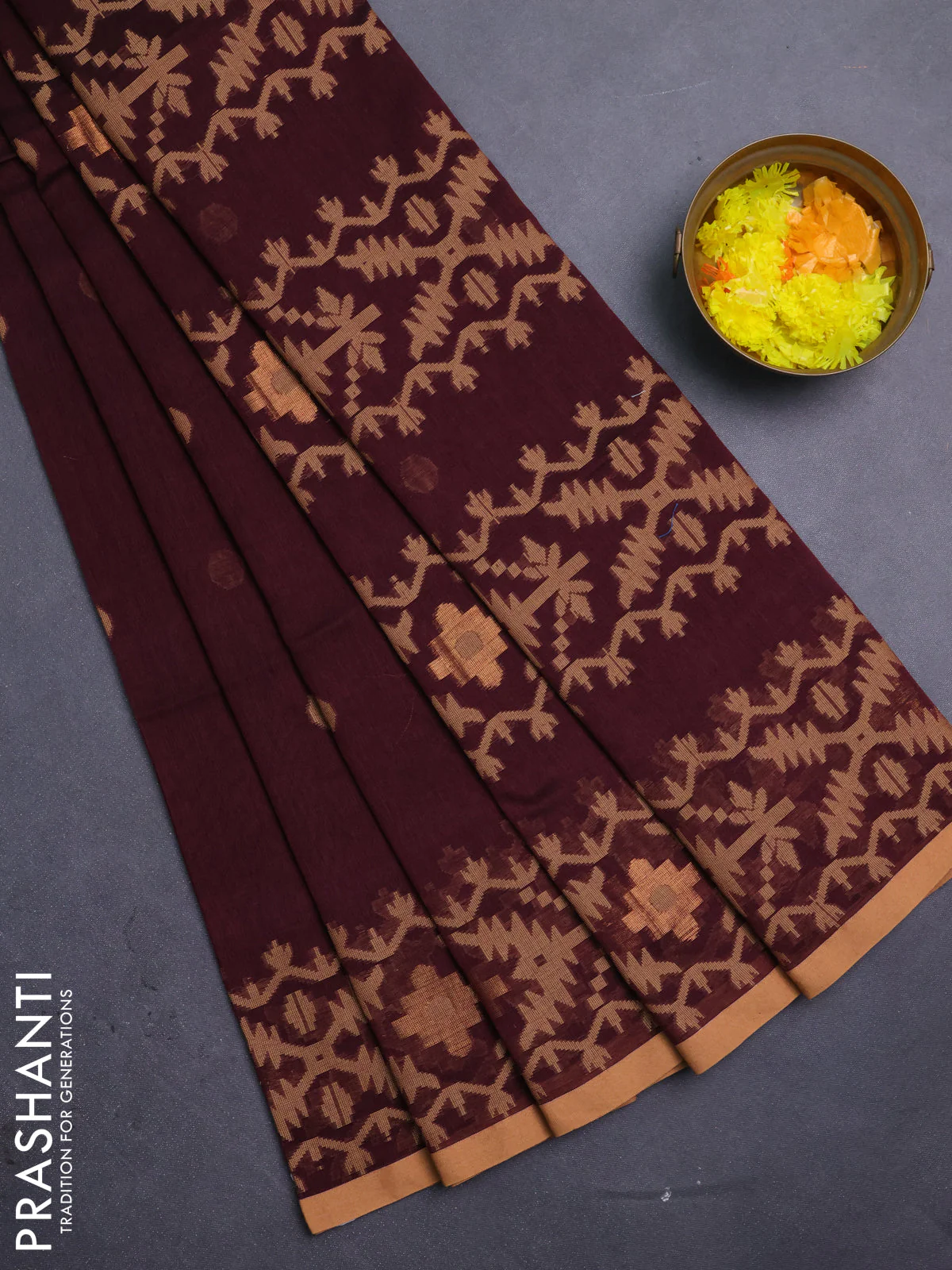 Bengal soft cotton saree deep maroon and sandal with thread woven buttas and thread woven border