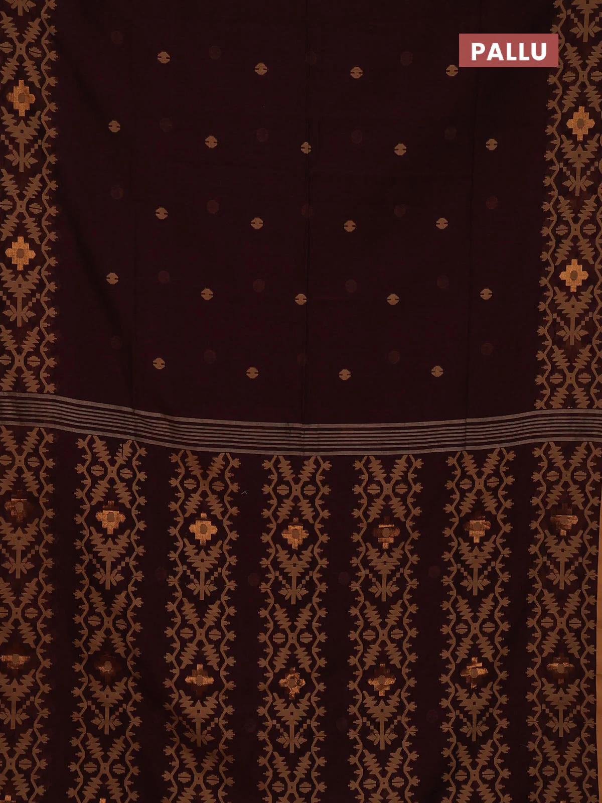 Bengal soft cotton saree deep maroon and sandal with thread woven buttas and thread woven border - Image 3
