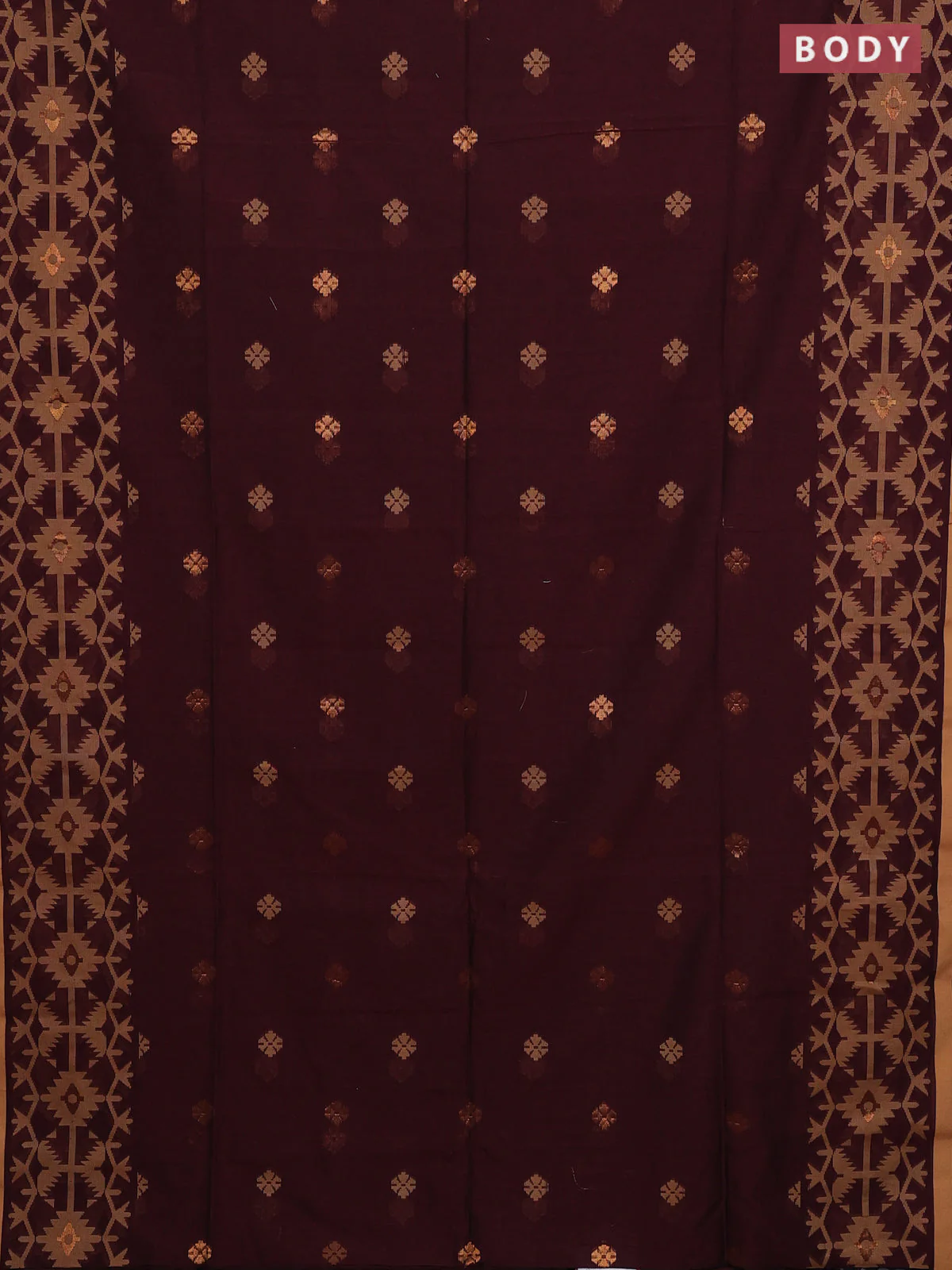 Bengal soft cotton saree deep maroon and sandal with thread & zari woven buttas and thread woven border - Image 2