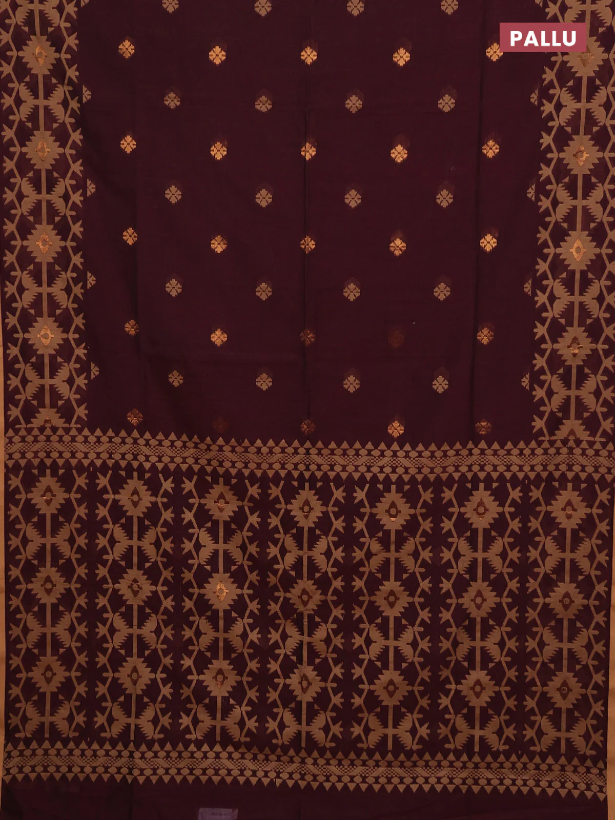 Bengal soft cotton saree deep maroon and sandal with thread & zari woven buttas and thread woven border - Image 3