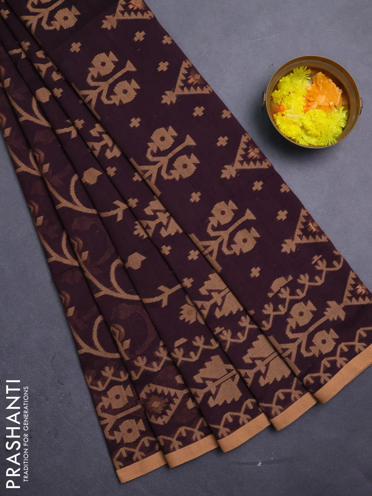 Bengal soft cotton saree deep wine and sandal with allover thread & zari weaves and thread woven border