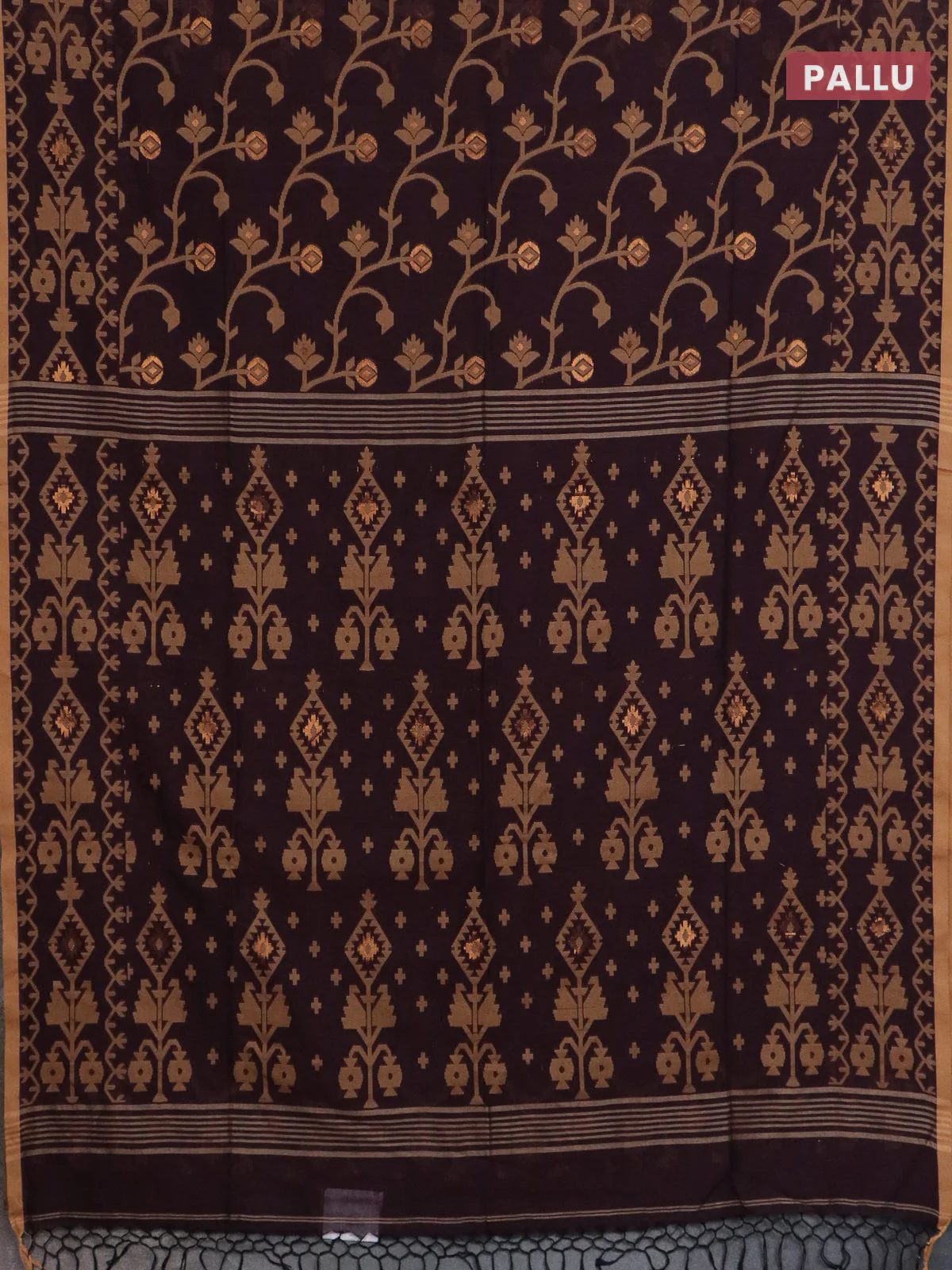 Bengal soft cotton saree deep wine and sandal with allover thread & zari weaves and thread woven border - Image 3