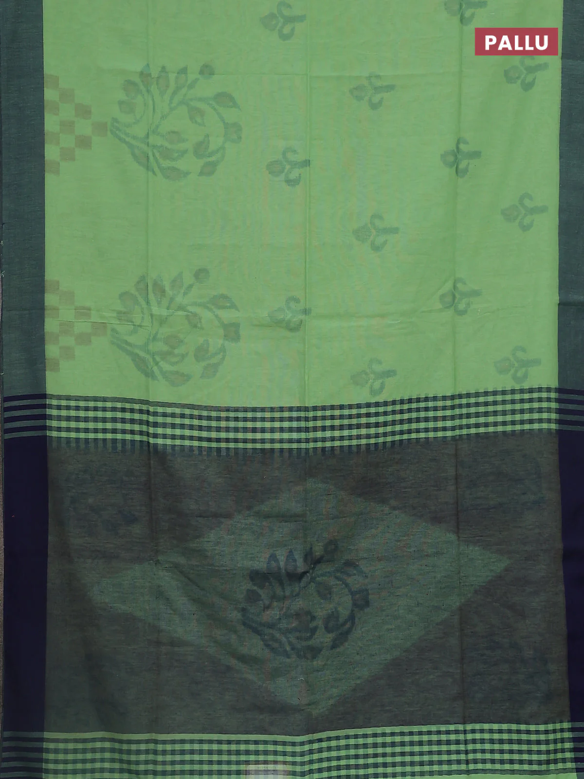 Bengal soft cotton saree green and blue with allover butta weaves and simple border - Image 3