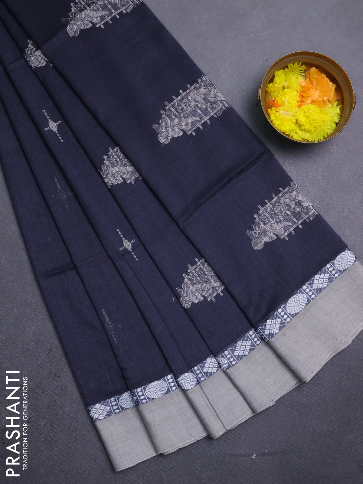 Bengal soft cotton saree grey and beige with thread woven buttas and thread woven simple border