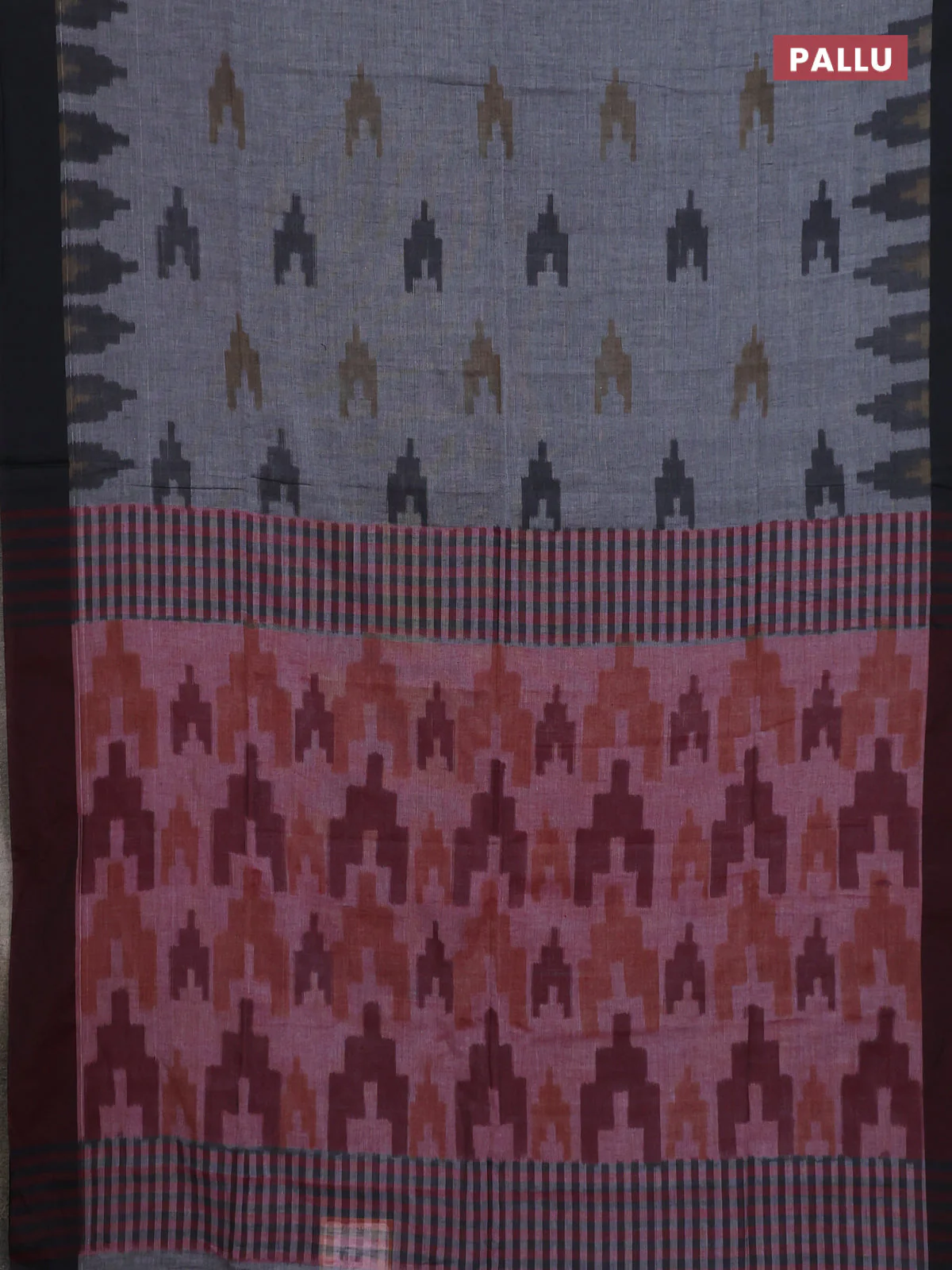 Bengal soft cotton saree grey and maroon with allover butta weaves and simple border - Image 3