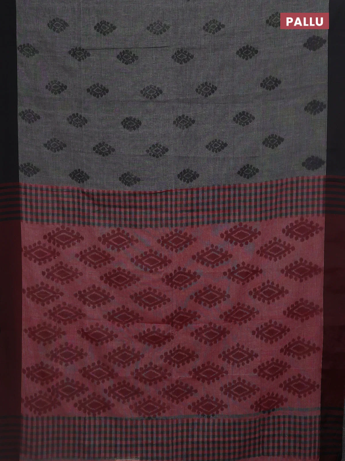Bengal soft cotton saree grey and maroon with allover butta weaves and simple border - Image 3