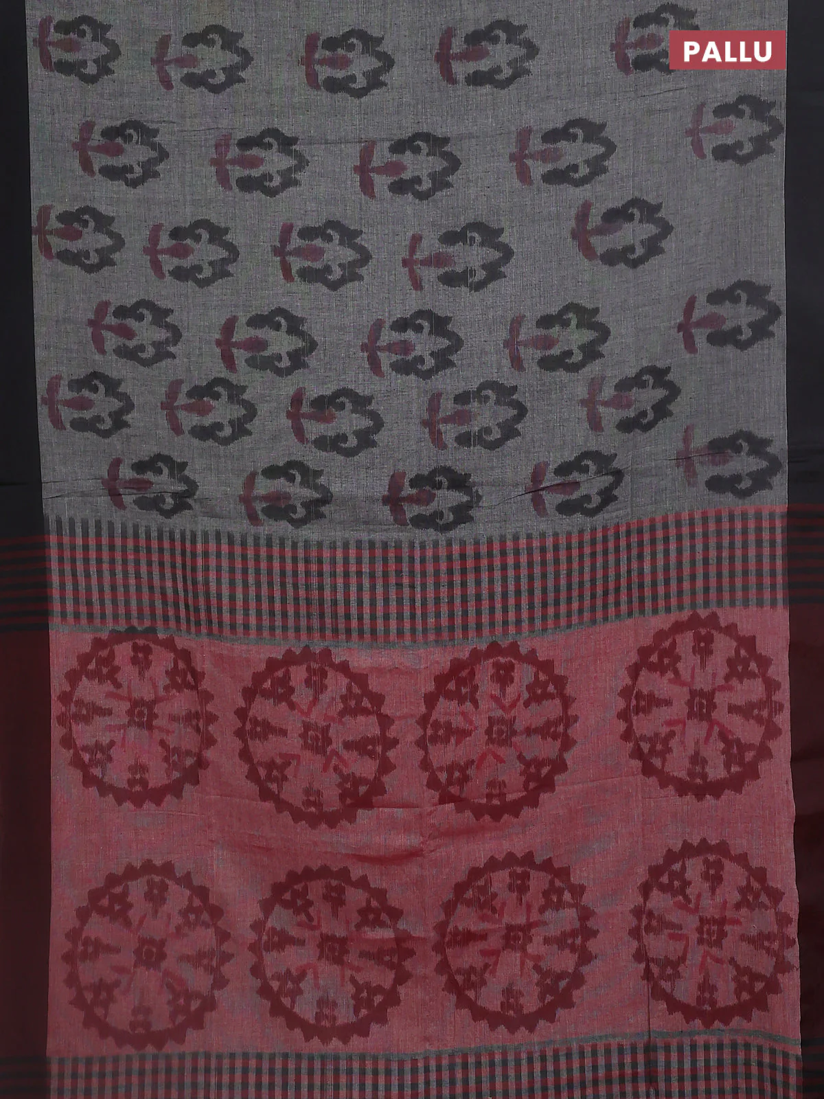 Bengal soft cotton saree grey and maroon with allover butta weaves and simple border - Image 3