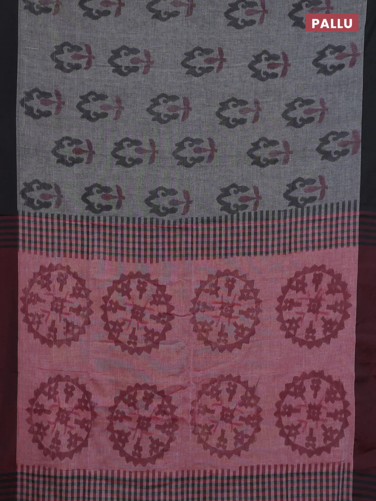 Bengal soft cotton saree grey and maroon with allover butta weaves and simple border - Image 3