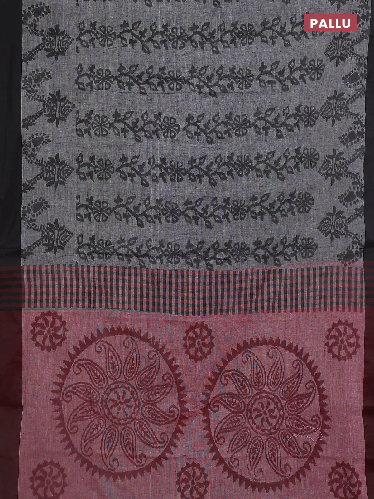Bengal soft cotton saree grey and maroon with allover weaves and simple border - Image 3