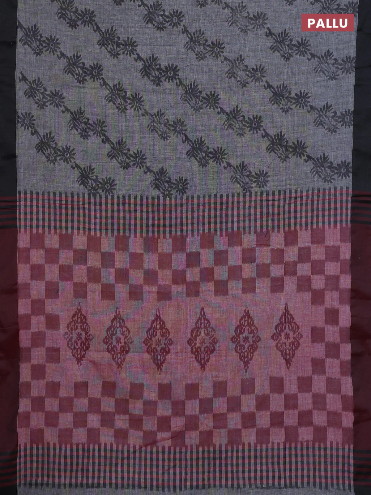 Bengal soft cotton saree grey and maroon with allover weaves and simple border - Image 3