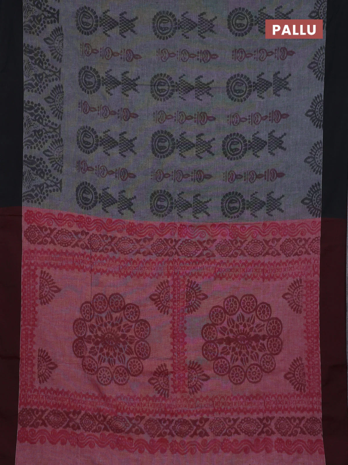 Bengal soft cotton saree grey and maroon with allover weaves and simple border - Image 3
