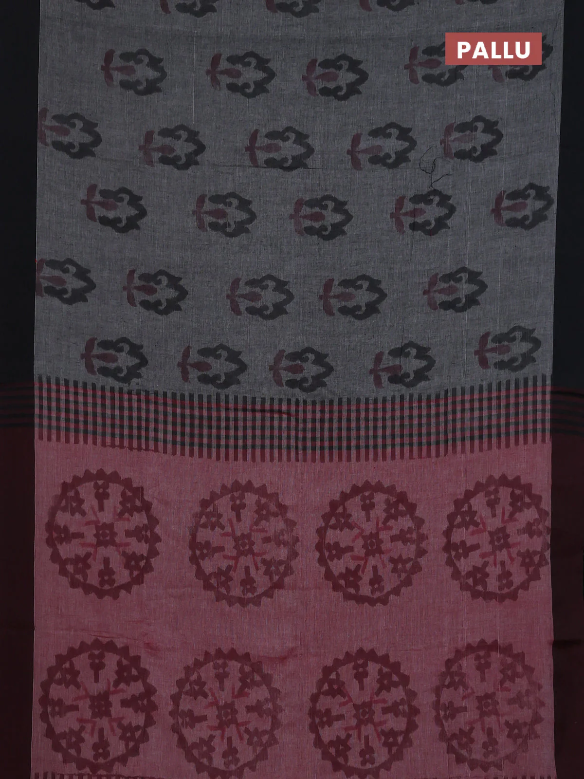 Bengal soft cotton saree grey and maroon with allover weaves and simple border - Image 3