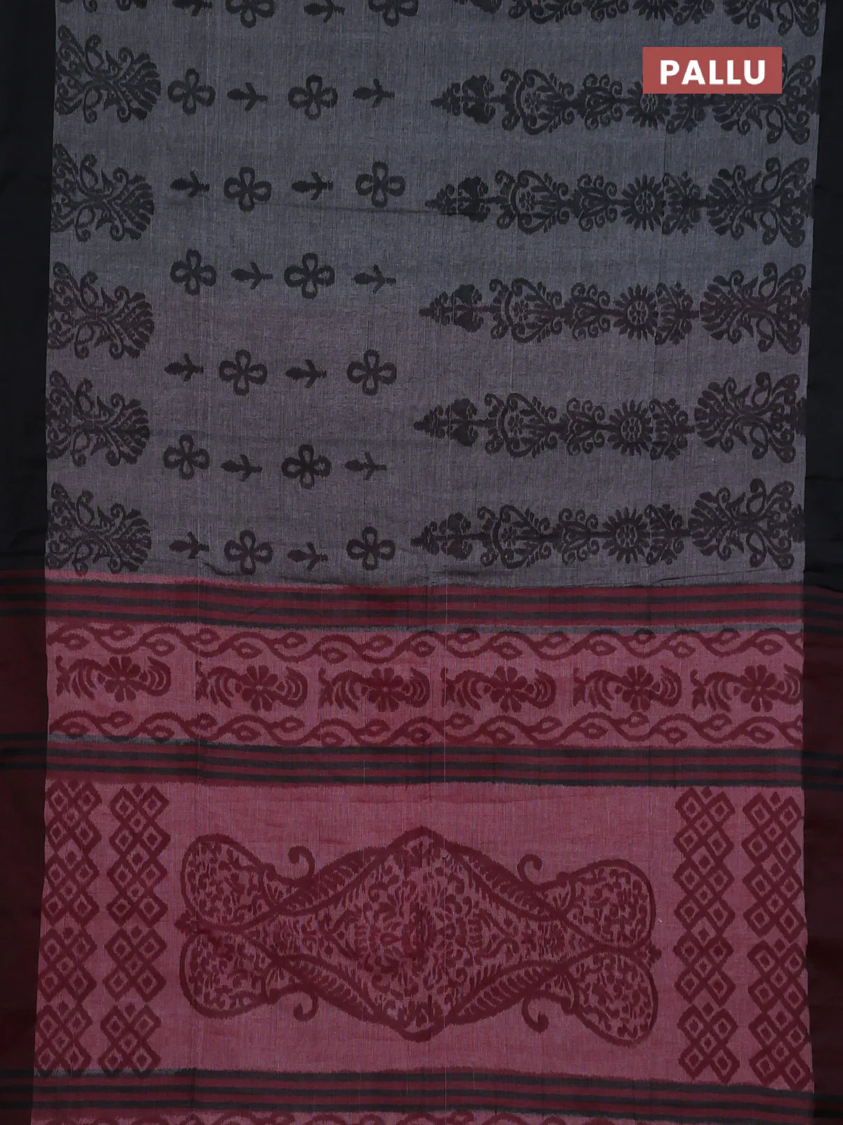 Bengal soft cotton saree grey and maroon with allover weaves and simple border - Image 3