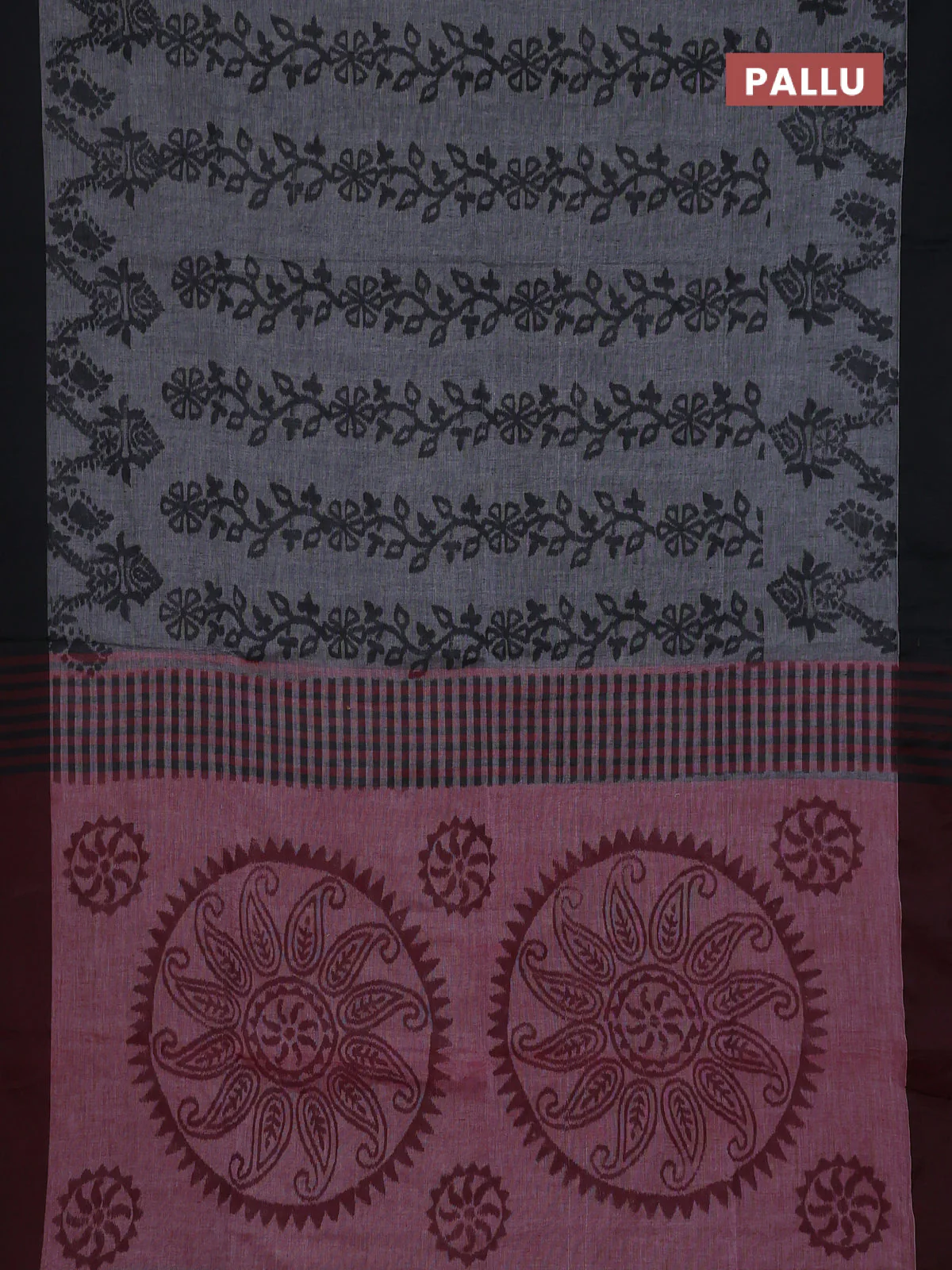Bengal soft cotton saree grey and maroon with allover weaves and simple border - Image 3