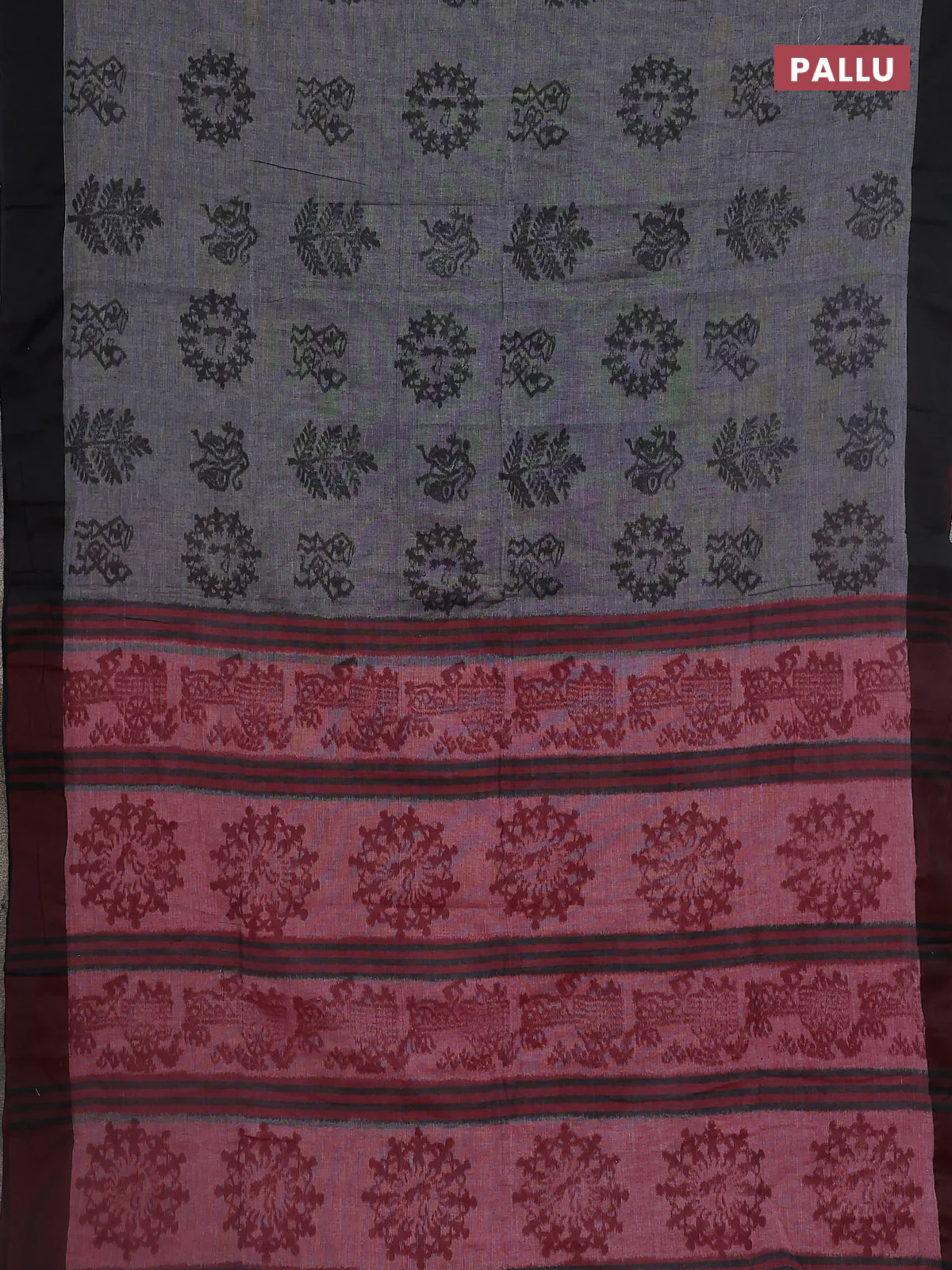 Bengal soft cotton saree grey and maroon with butta weaves and simple border - Image 3